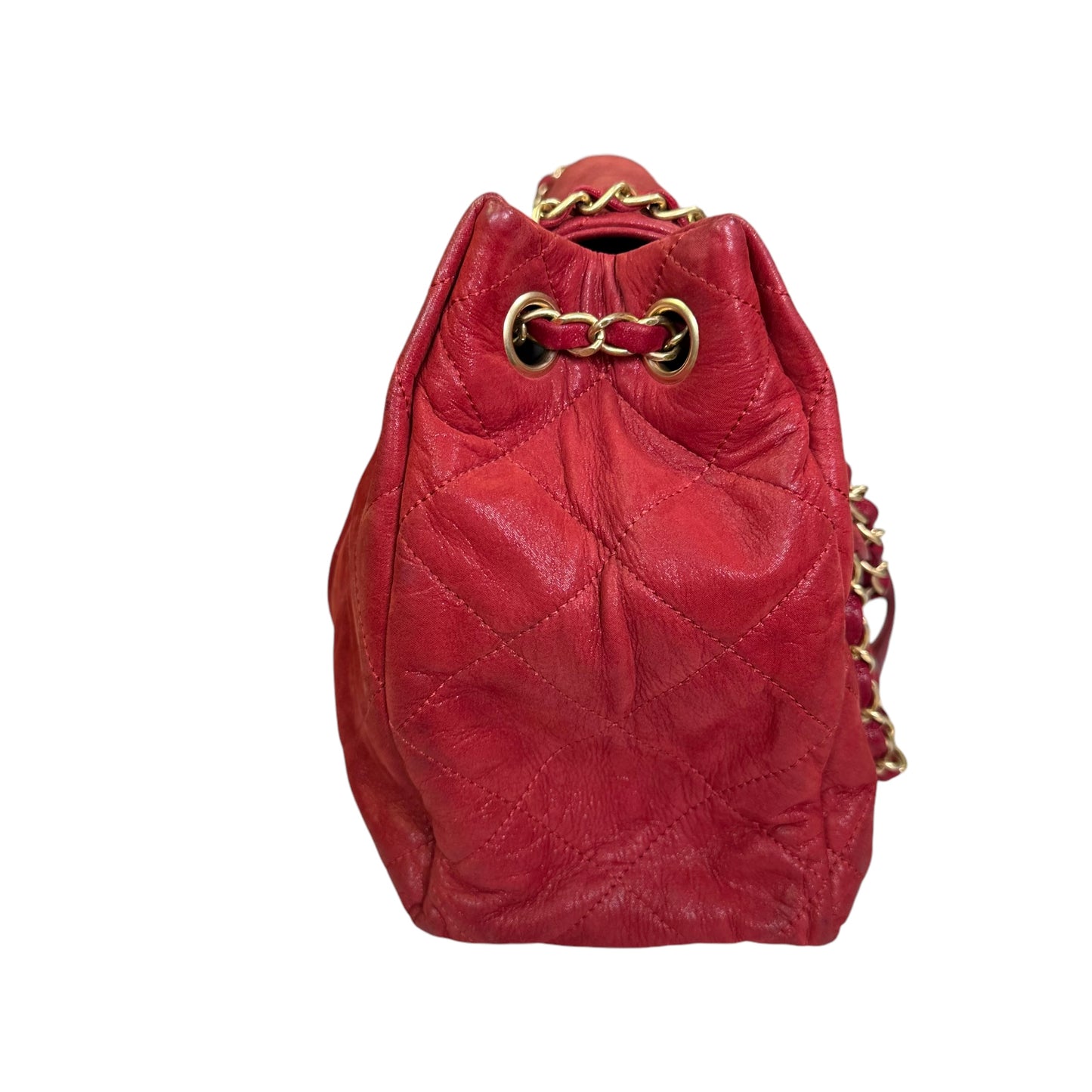 Chanel CC Red Lambskin Coated Irridecent Medium Brushed Gold Flap Turn Lock Two Way Purse