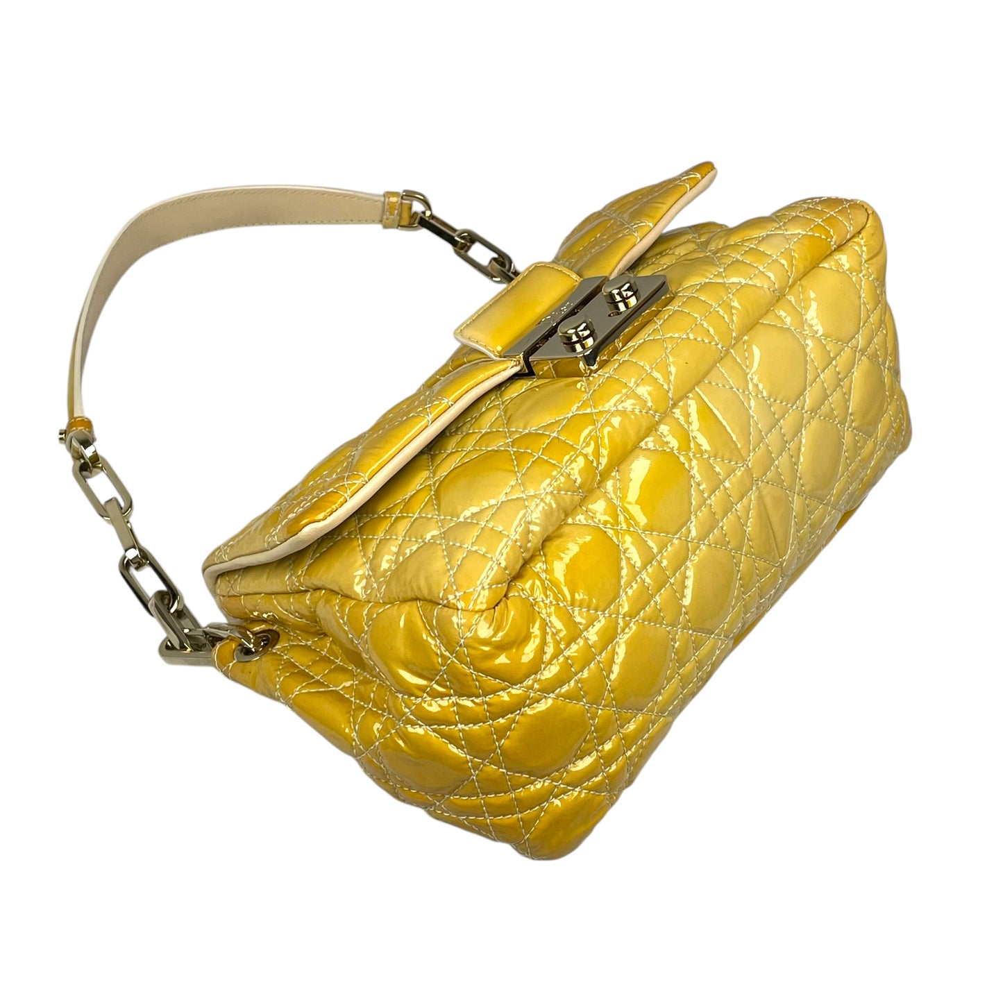 Christian Dior Yellow New Lock Patent Cannage Quilted Flap Shoulder Chain Purse