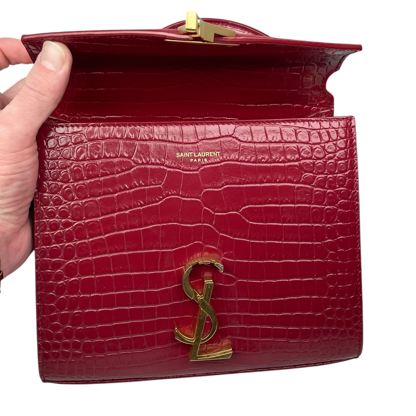 YSL Saint Laurent Mini GHW Bordeaux Croc Embossed Cassandra 2-Way Top Handle