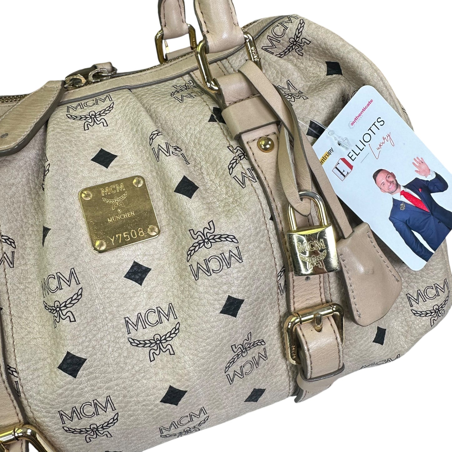 MCM Visetos Coated Canvas Leather Creme Goldtone Leather Satchel Purse