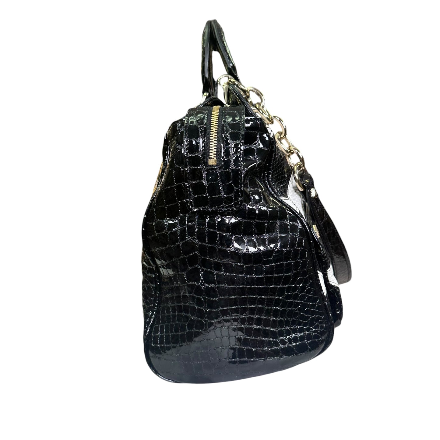 MCM Vinyl Black Checkered Python Croc Embossed Gold Zip Tote Shoulder Satchel