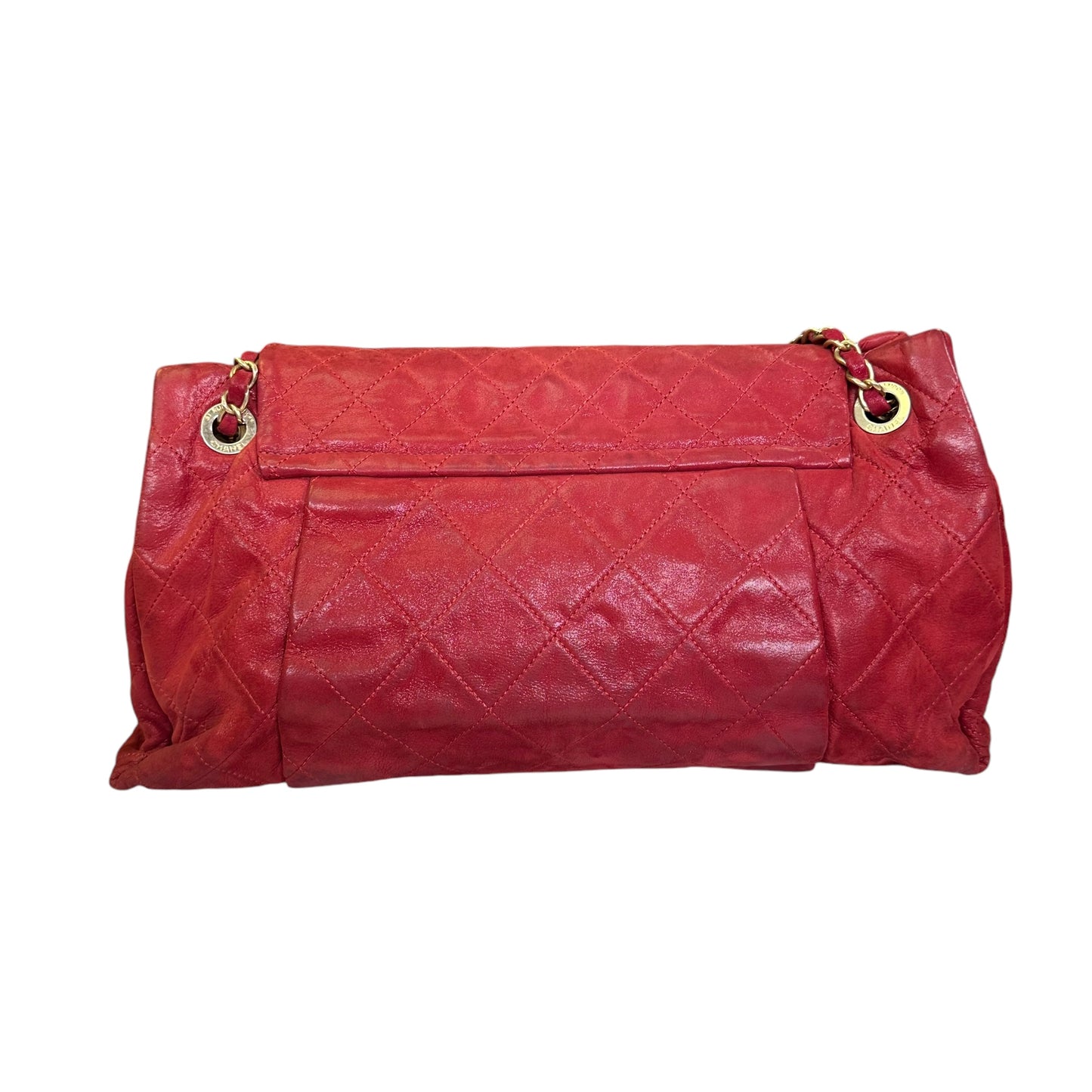 Chanel CC Red Lambskin Coated Irridecent Medium Brushed Gold Flap Turn Lock Two Way Purse