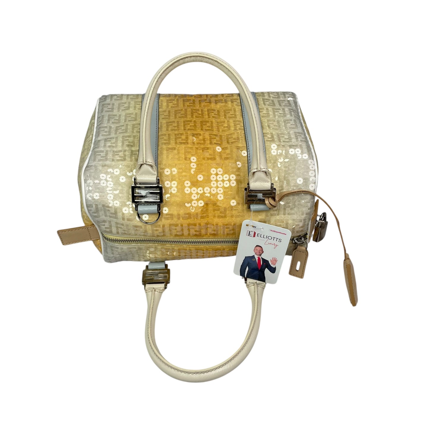 Fendi Zucchino Monogram Forever Sequin Small Leather Yellow Hombre Boston Purse