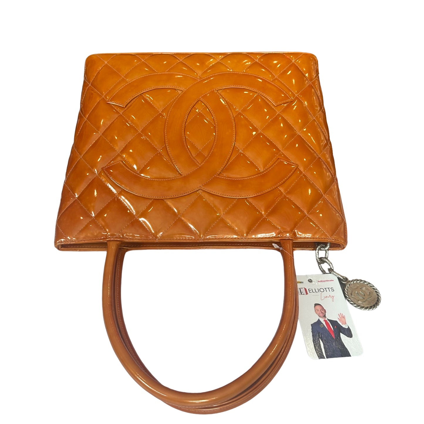 Chanel CC Tangerine Metallic Orange Patent Hombre Medallion Trapezoid Purse