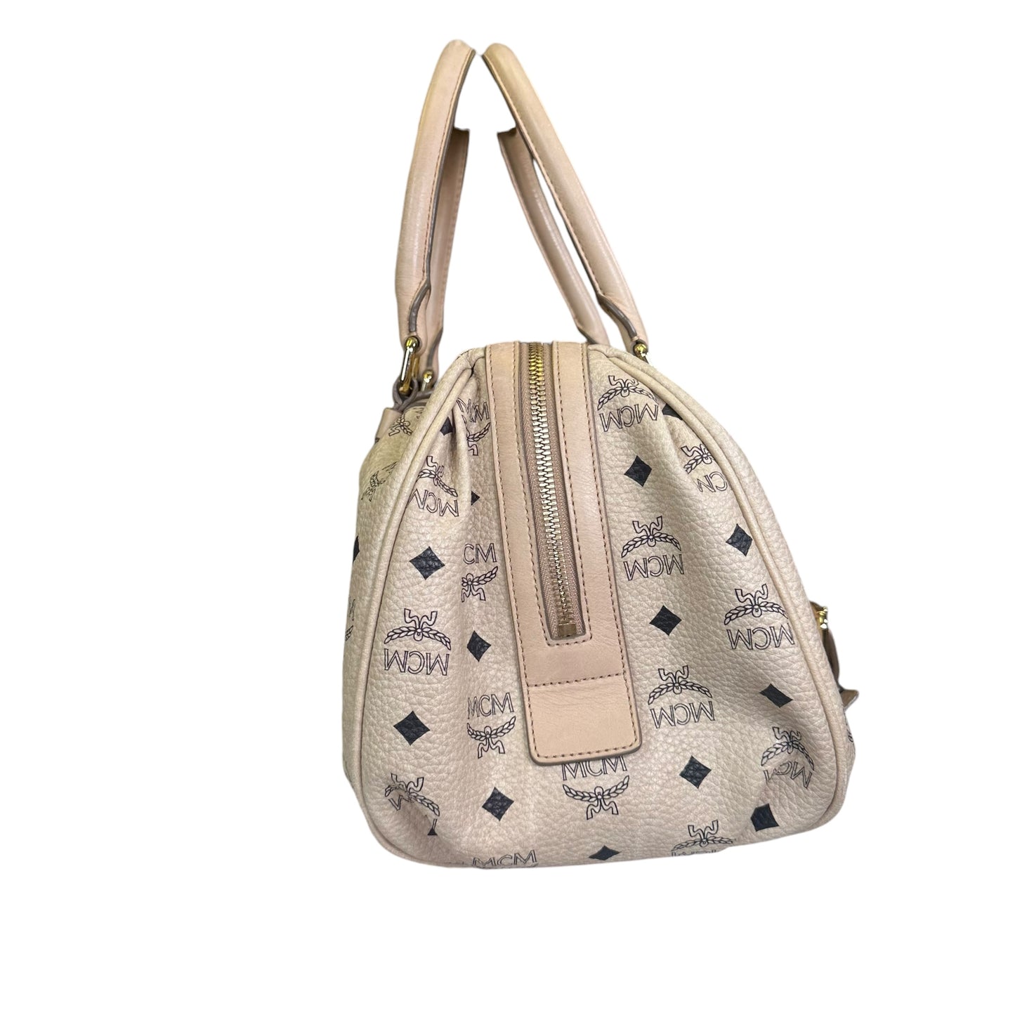 MCM Visetos Coated Canvas Leather Creme Goldtone Leather Satchel Purse