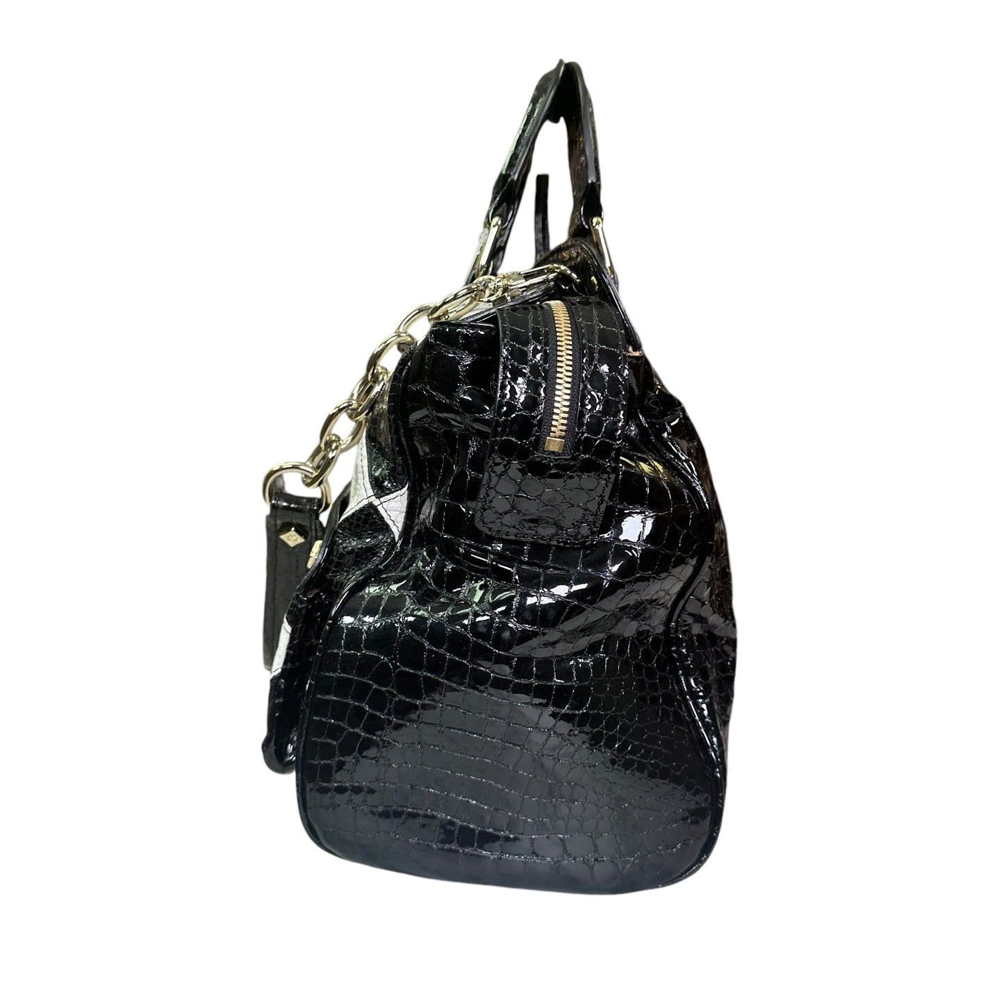 MCM Vinyl Black Checkered Python Croc Embossed Gold Zip Tote Shoulder Satchel
