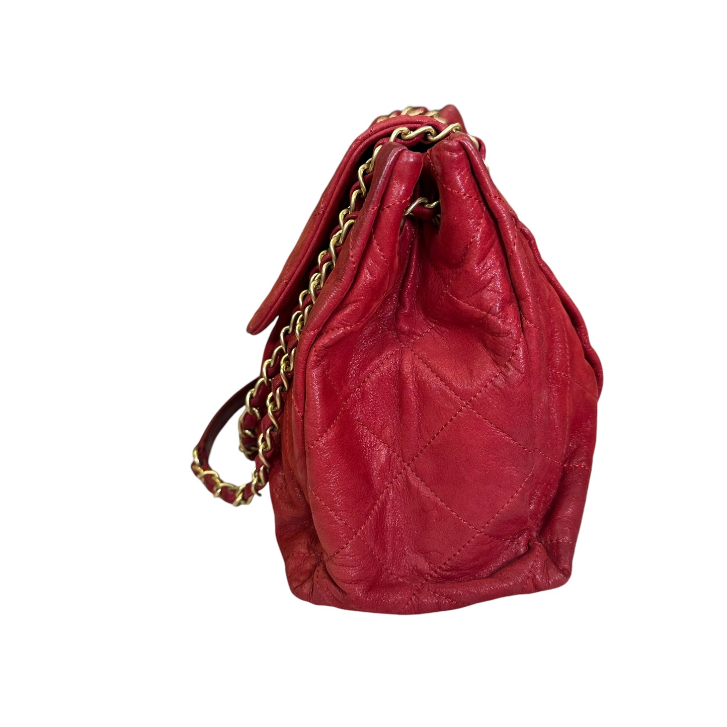 Chanel CC Red Lambskin Coated Irridecent Medium Brushed Gold Flap Turn Lock Two Way Purse