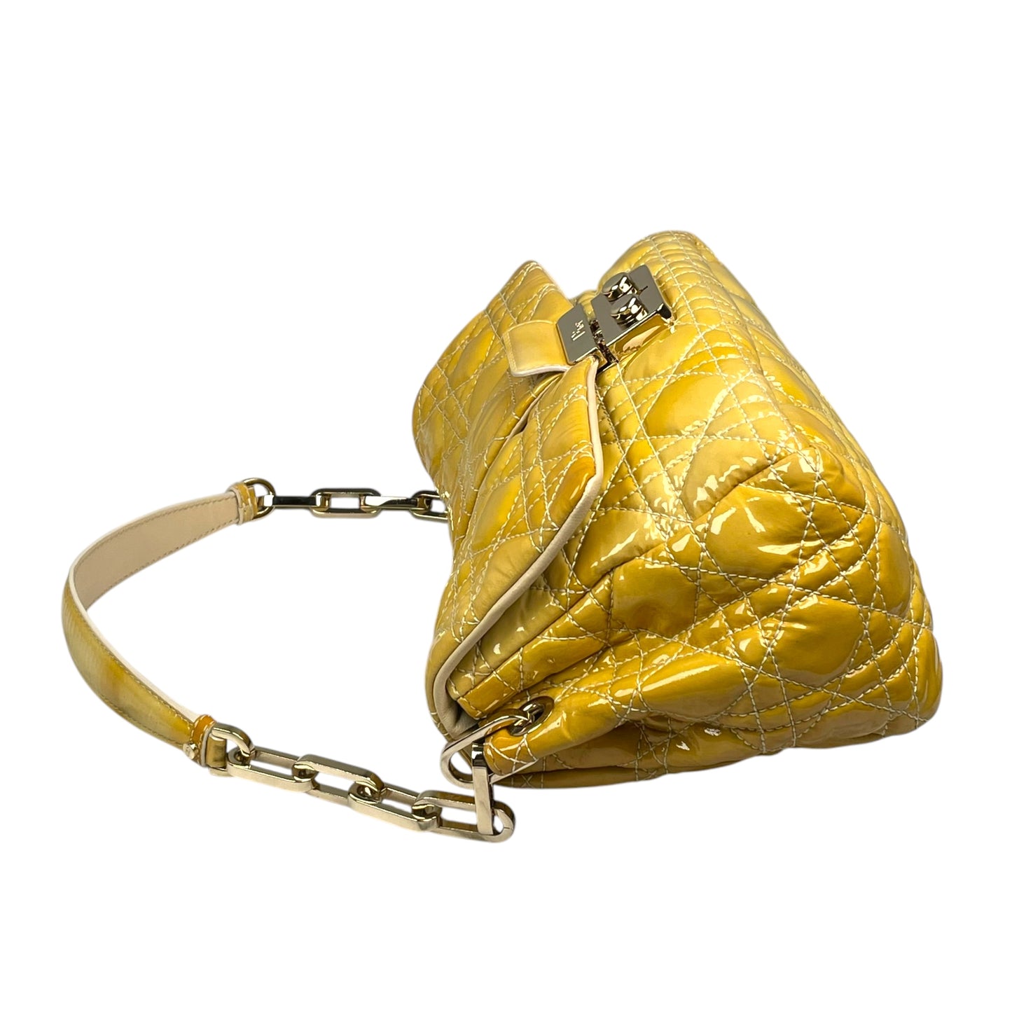 Christian Dior Yellow New Lock Patent Cannage Quilted Flap Shoulder Chain Purse