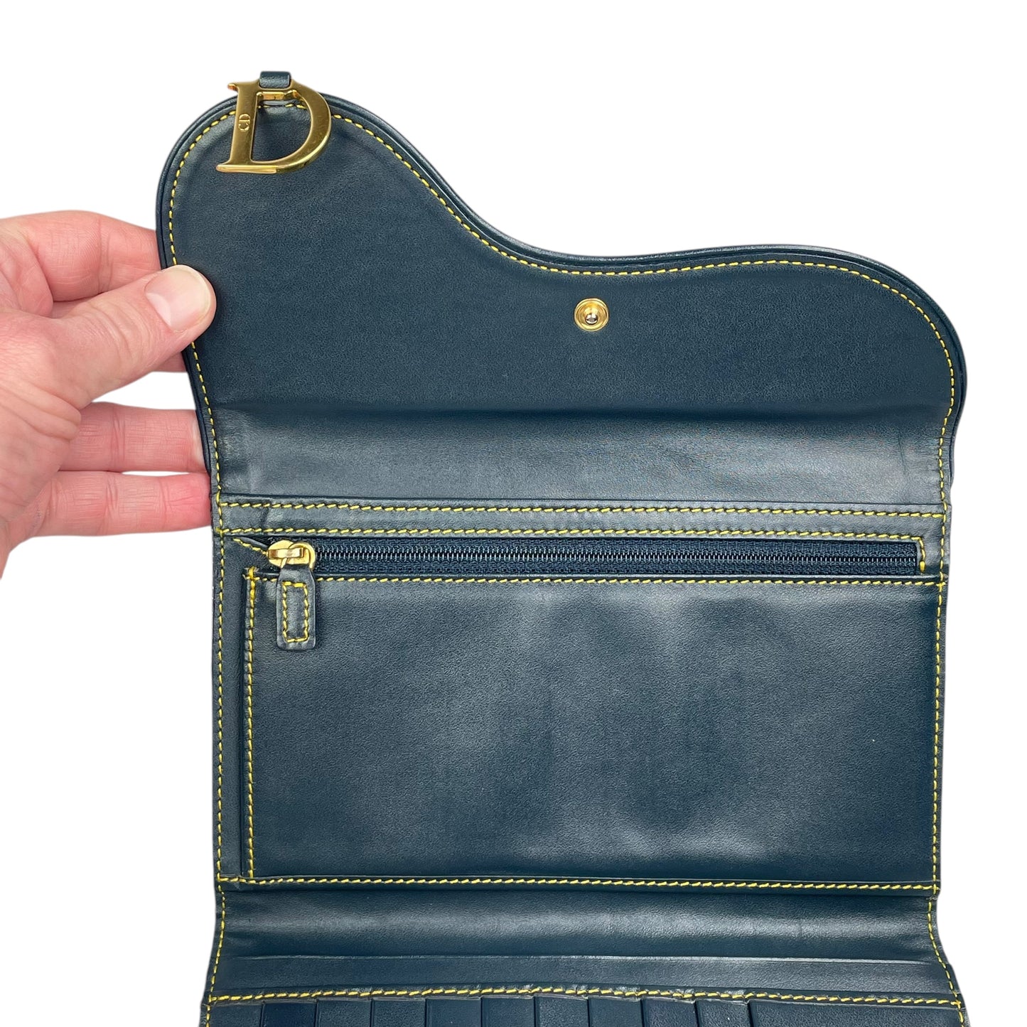 Christian Dior Blue Saddle Bag Large Oblique Trotter Canvas Leather Tri-Fold Wallet