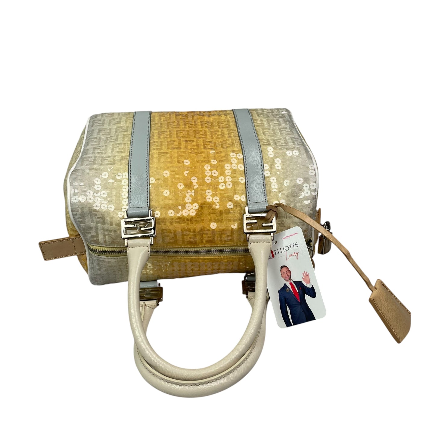 Fendi Zucchino Monogram Forever Sequin Small Leather Yellow Hombre Boston Purse