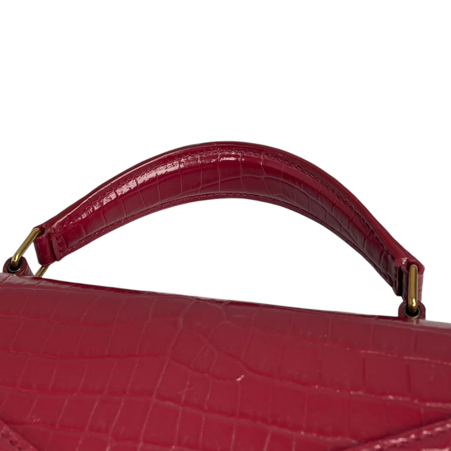 YSL Saint Laurent Mini GHW Bordeaux Croc Embossed Cassandra 2-Way Top Handle