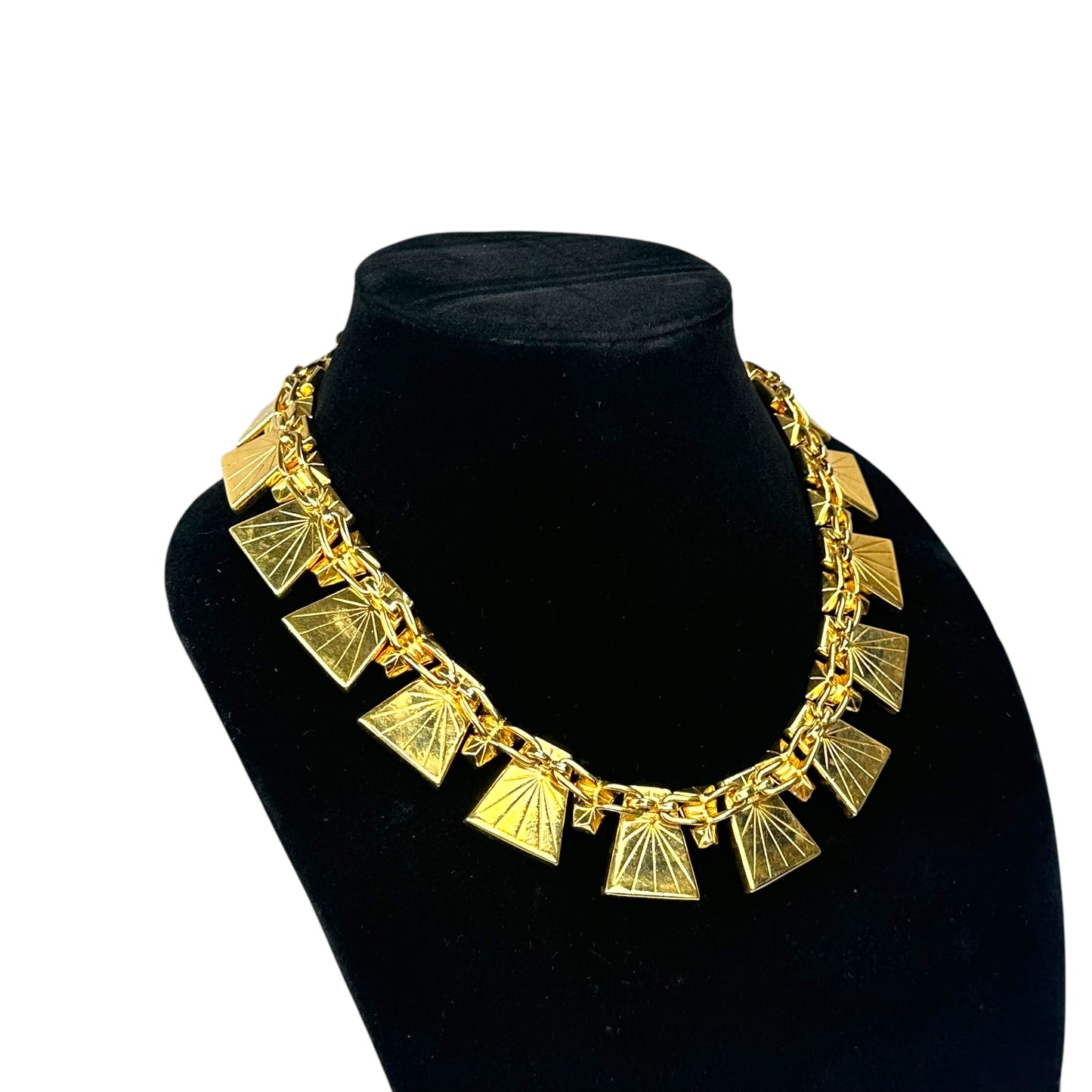 YSL 24K Plated Raspberry Peacock Trapezoid Swarovski Egyptian Mardi Gras Necklace 18"