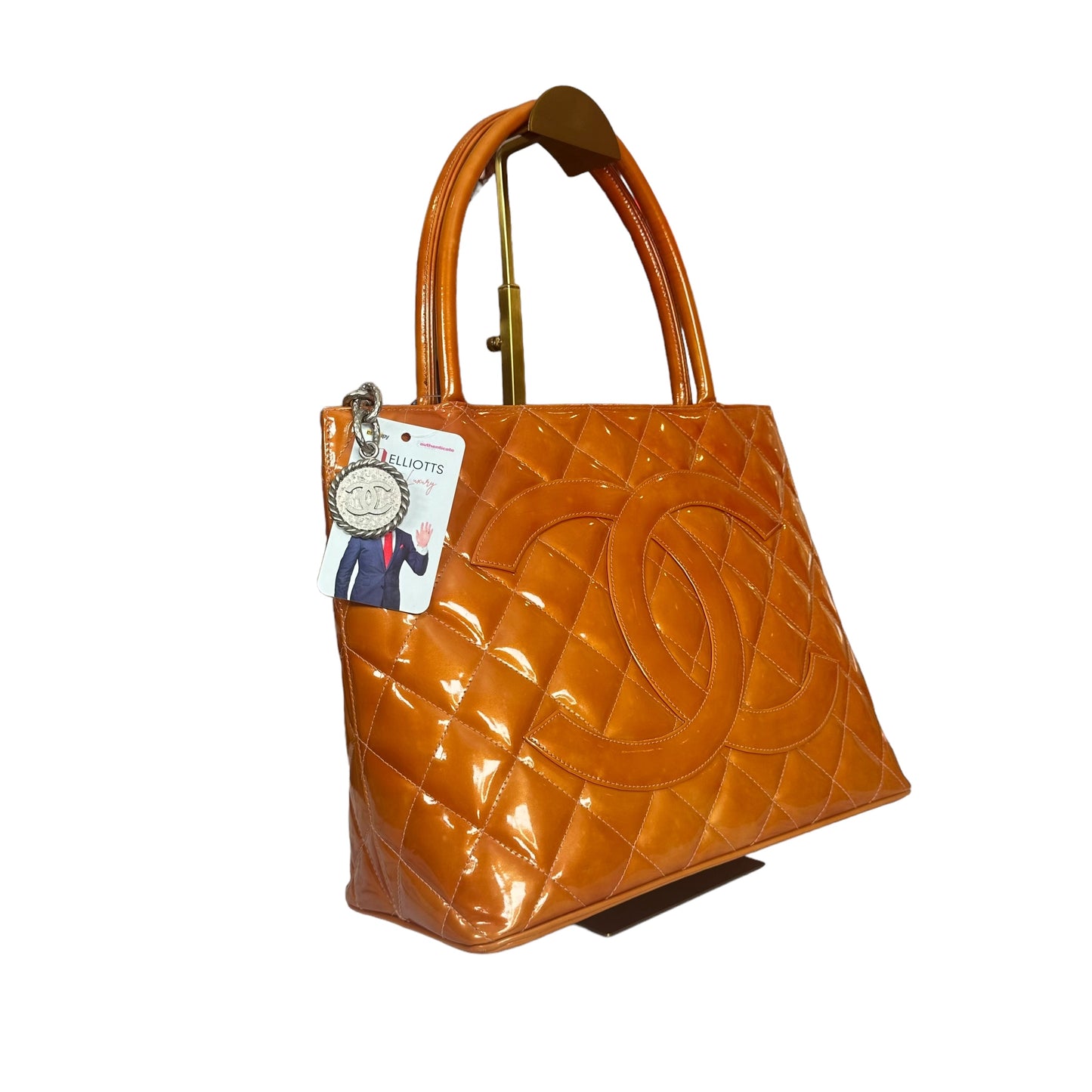 Chanel CC Tangerine Metallic Orange Patent Hombre Medallion Trapezoid Purse