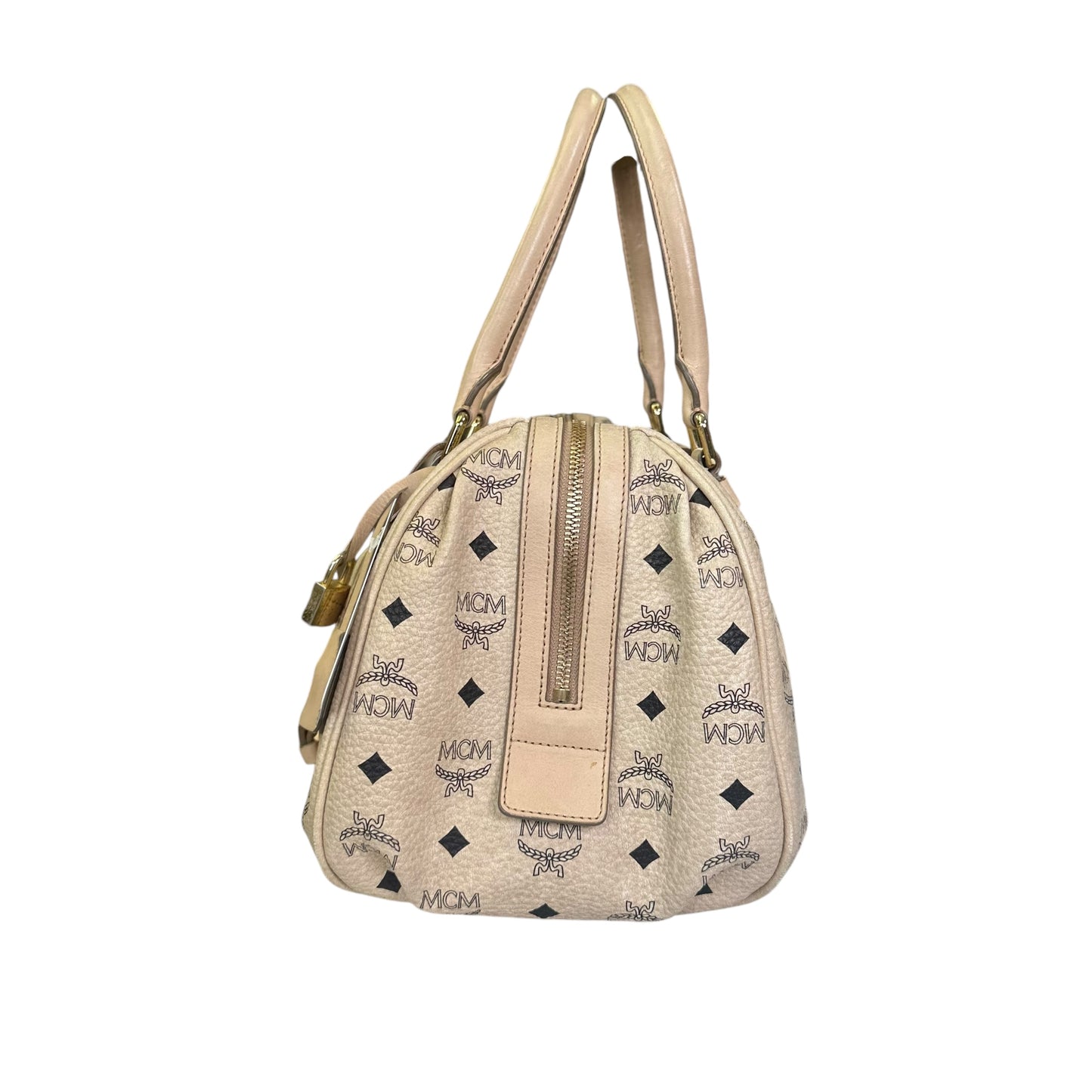 MCM Visetos Coated Canvas Leather Creme Goldtone Leather Satchel Purse