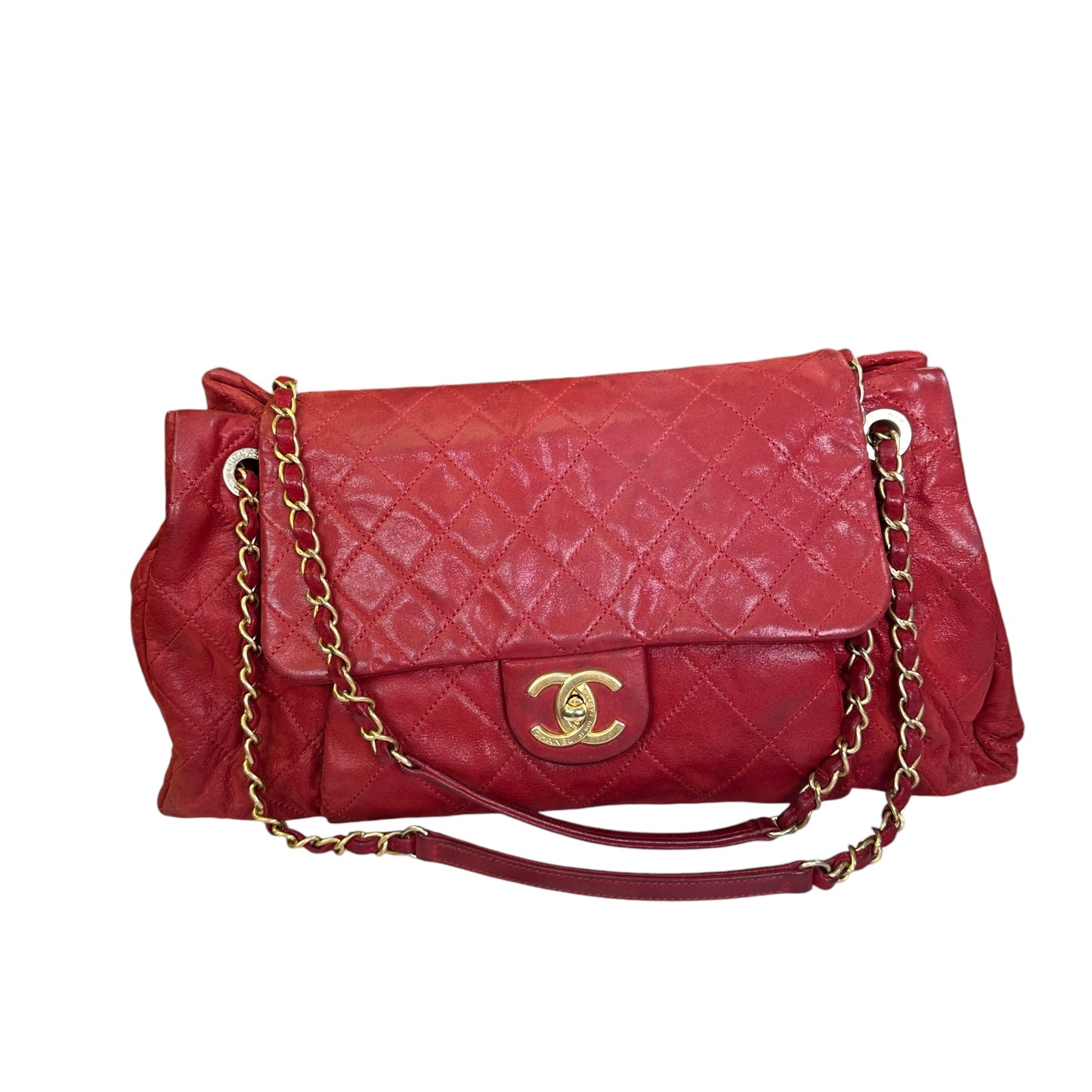 Chanel CC Red Lambskin Coated Irridecent Medium Brushed Gold Flap Turn Lock Two Way Purse