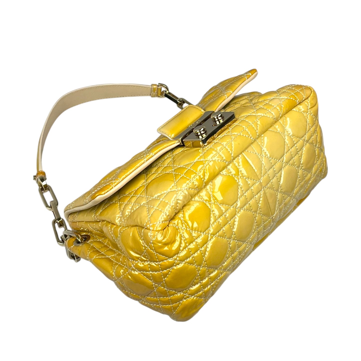 Christian Dior Yellow New Lock Patent Cannage Quilted Flap Shoulder Chain Purse
