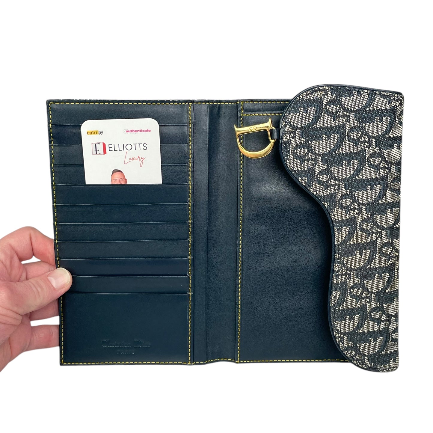 Christian Dior Blue Saddle Bag Large Oblique Trotter Canvas Leather Tri-Fold Wallet