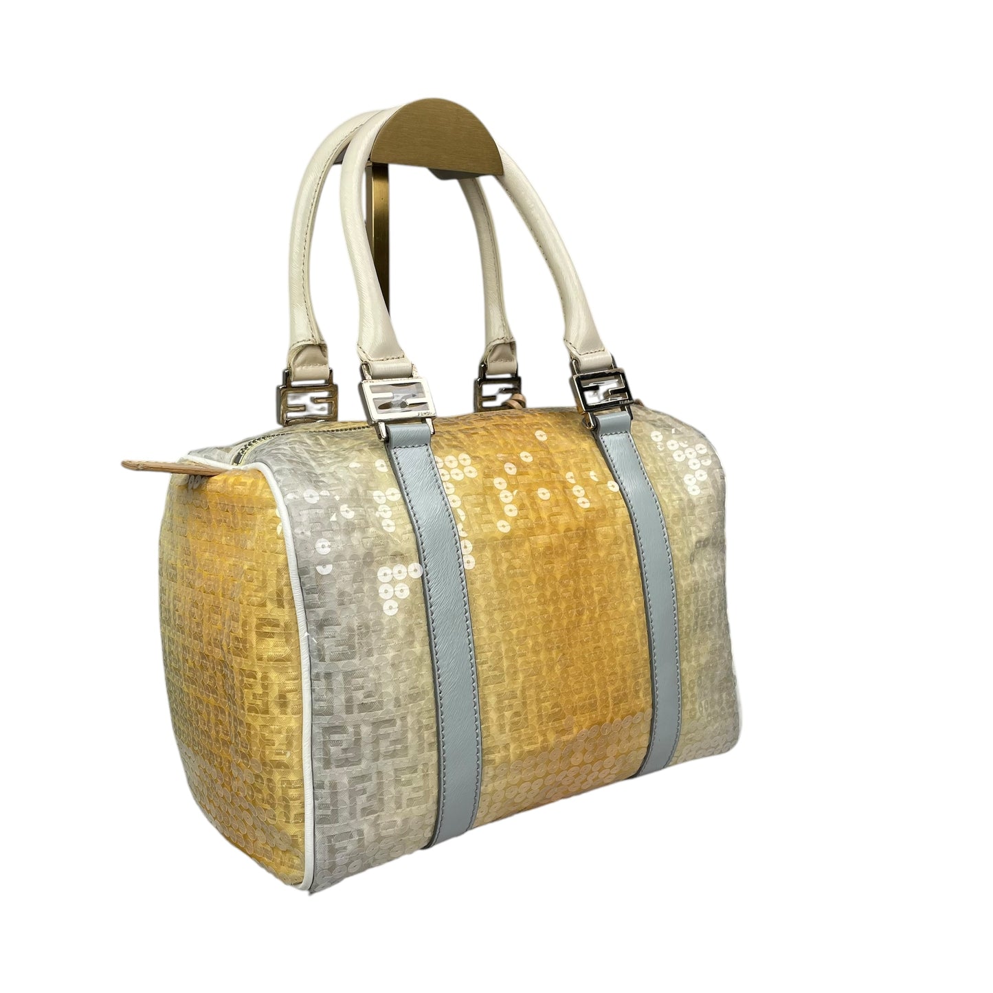 Fendi Zucchino Monogram Forever Sequin Small Leather Yellow Hombre Boston Purse