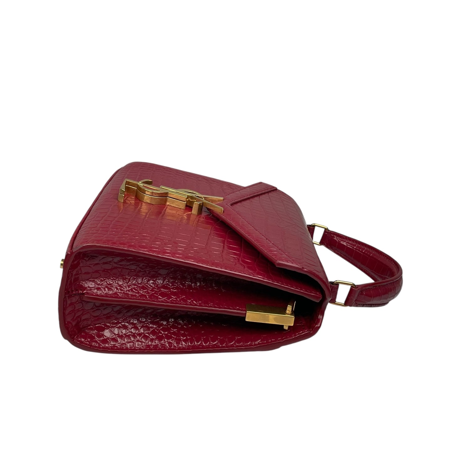 YSL Saint Laurent Mini GHW Bordeaux Croc Embossed Cassandra 2-Way Top Handle