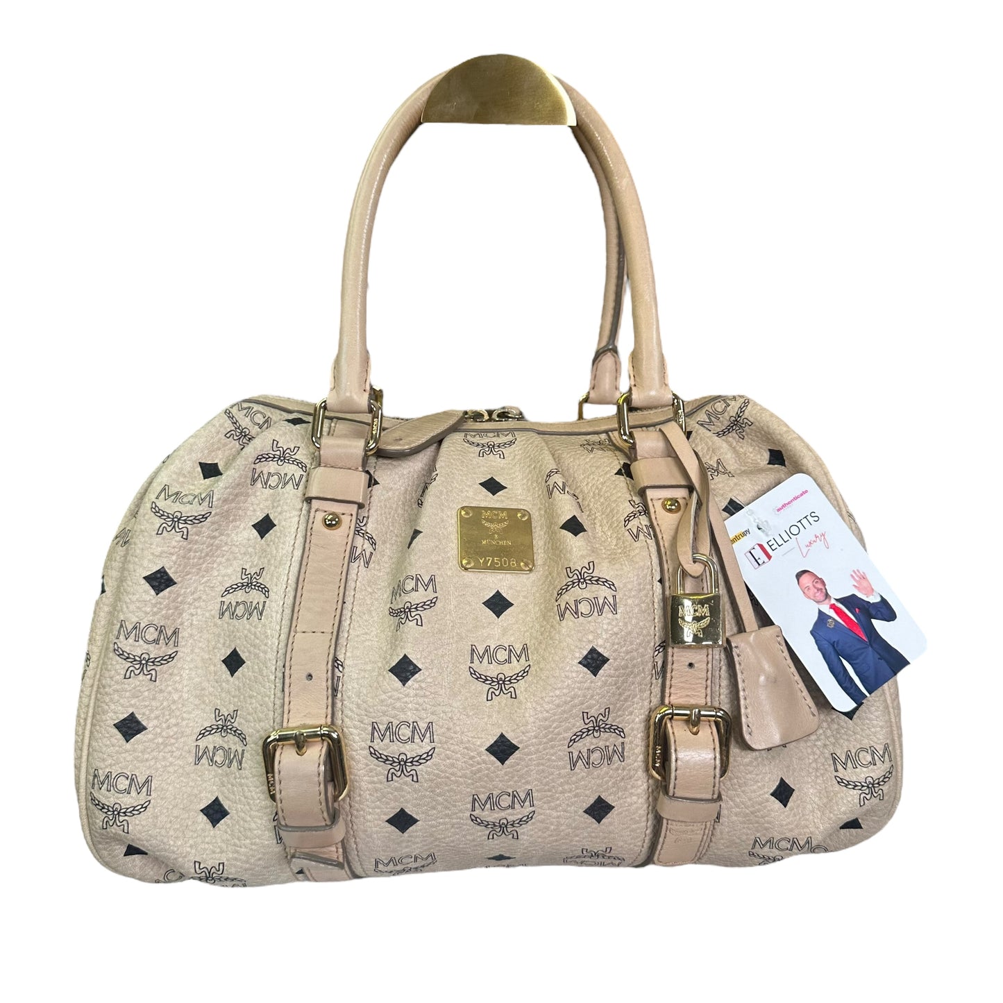 MCM Visetos Coated Canvas Leather Creme Goldtone Leather Satchel Purse