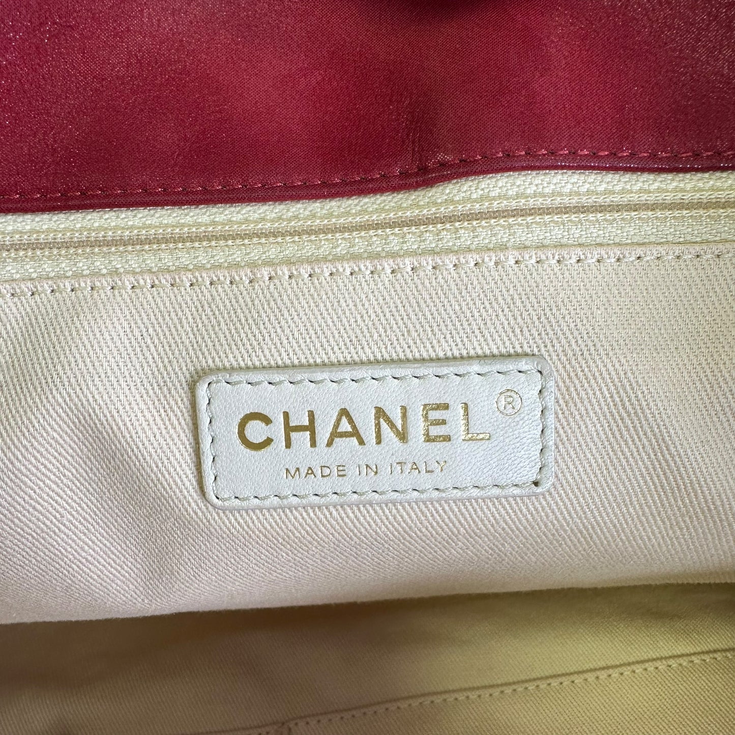 Chanel CC Red Lambskin Coated Irridecent Medium Brushed Gold Flap Turn Lock Two Way Purse