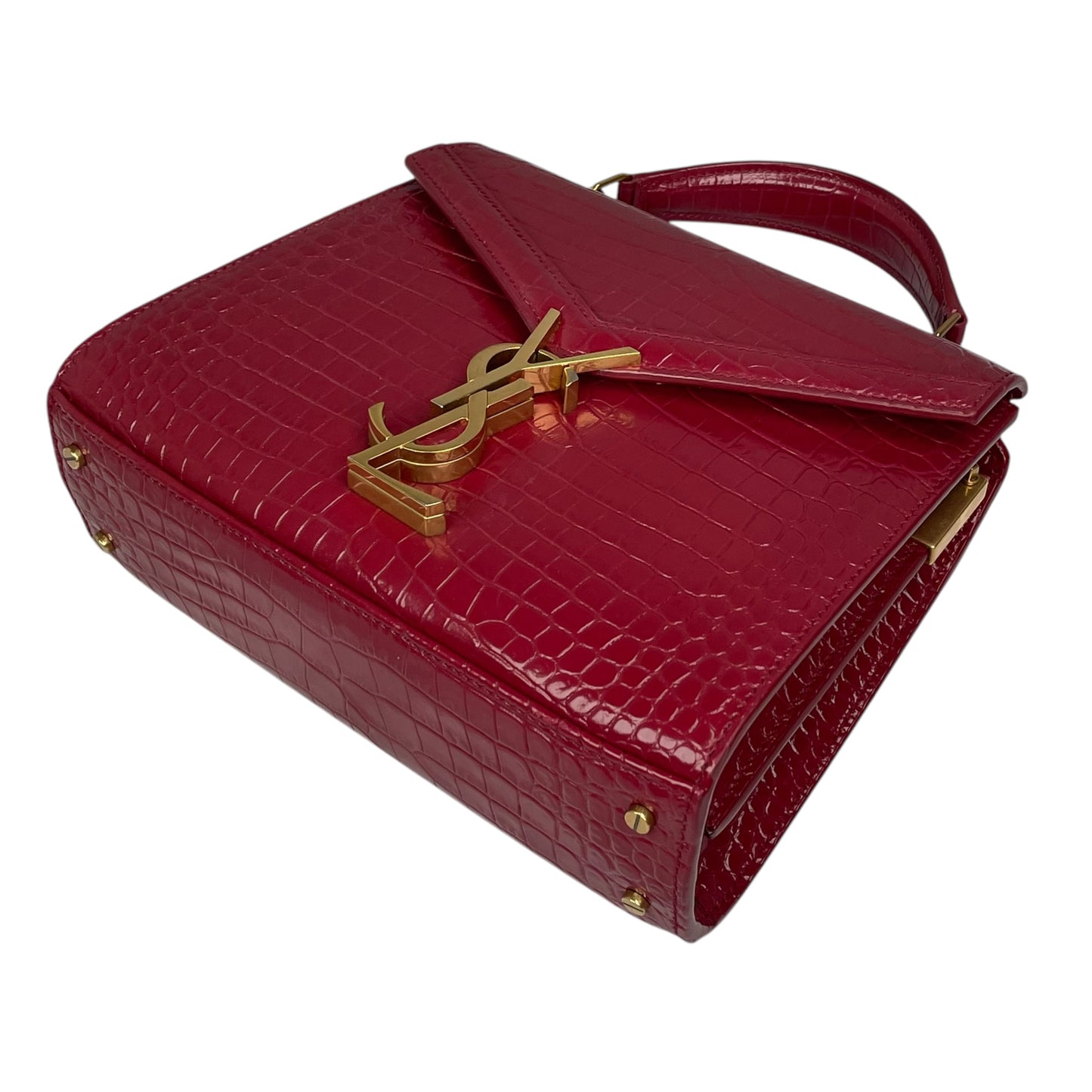 YSL Saint Laurent Mini GHW Bordeaux Croc Embossed Cassandra 2-Way Top Handle