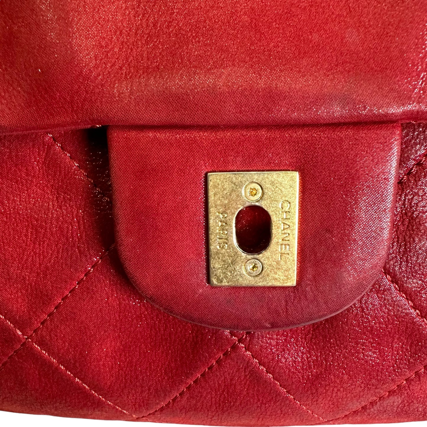 Chanel CC Red Lambskin Coated Irridecent Medium Brushed Gold Flap Turn Lock Two Way Purse