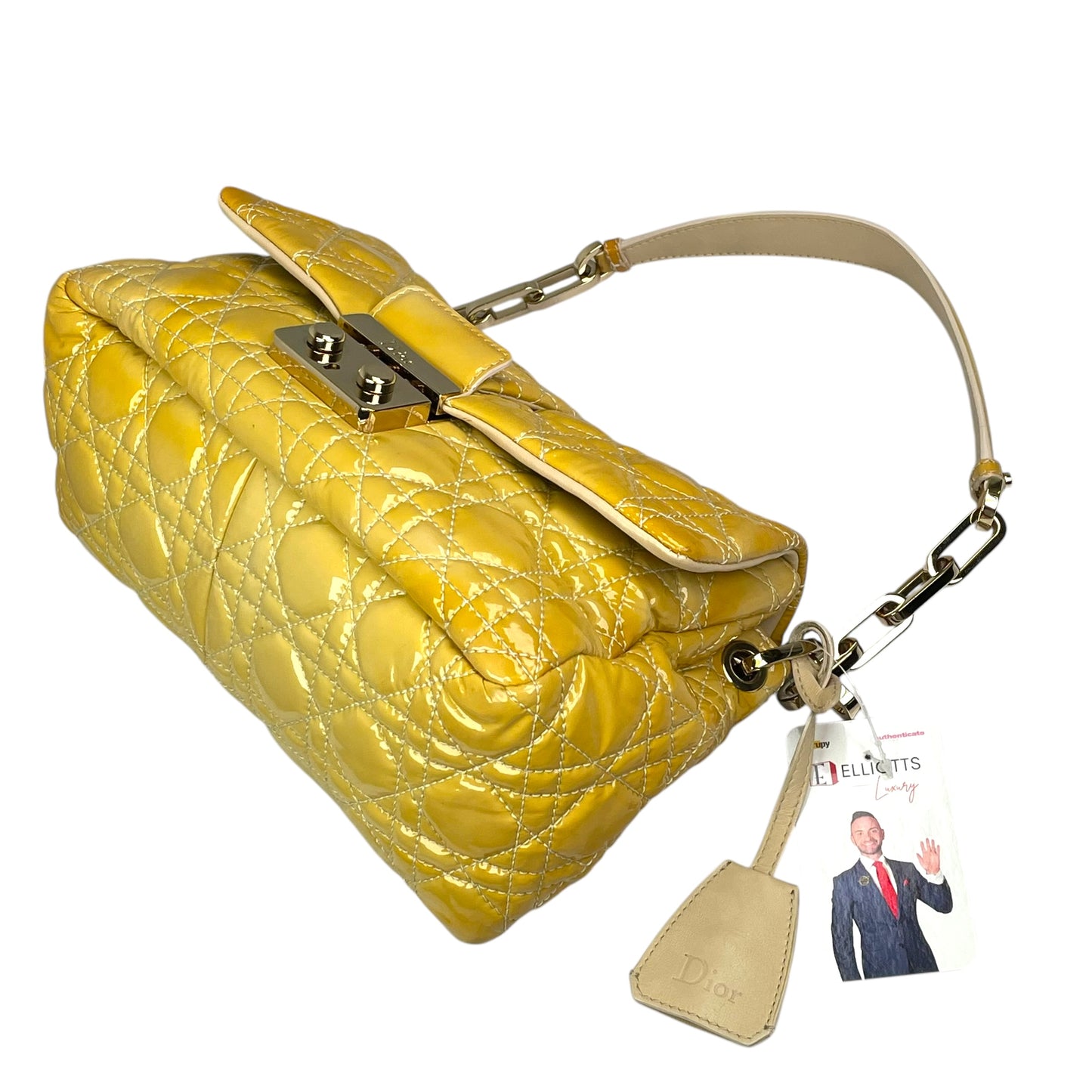 Christian Dior Yellow New Lock Patent Cannage Quilted Flap Shoulder Chain Purse