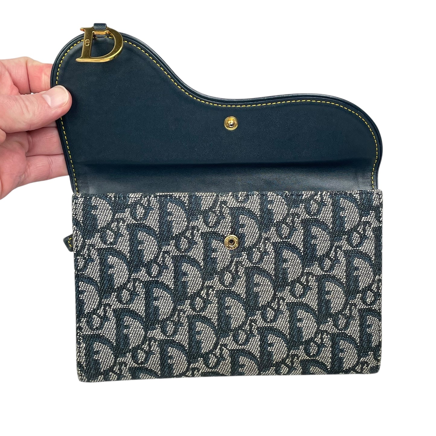 Christian Dior Blue Saddle Bag Large Oblique Trotter Canvas Leather Tri-Fold Wallet
