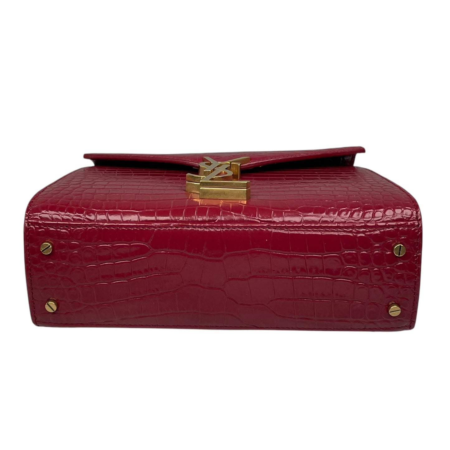 YSL Saint Laurent Mini GHW Bordeaux Croc Embossed Cassandra 2-Way Top Handle