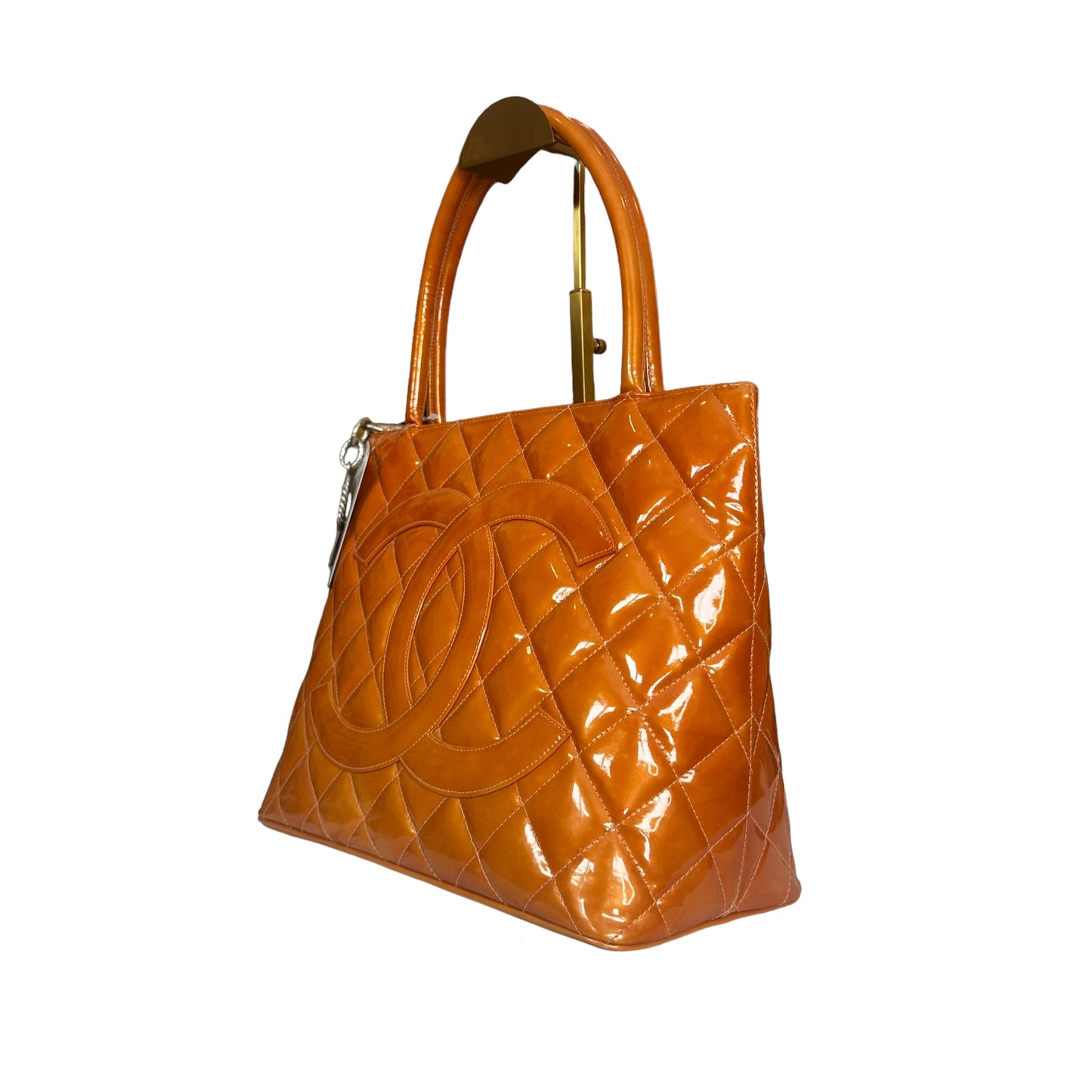 Chanel CC Tangerine Metallic Orange Patent Hombre Medallion Trapezoid Purse