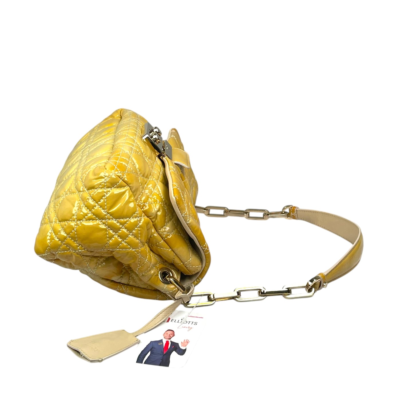 Christian Dior Yellow New Lock Patent Cannage Quilted Flap Shoulder Chain Purse