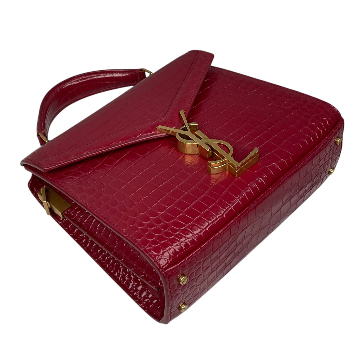 YSL Saint Laurent Mini GHW Bordeaux Croc Embossed Cassandra 2-Way Top Handle