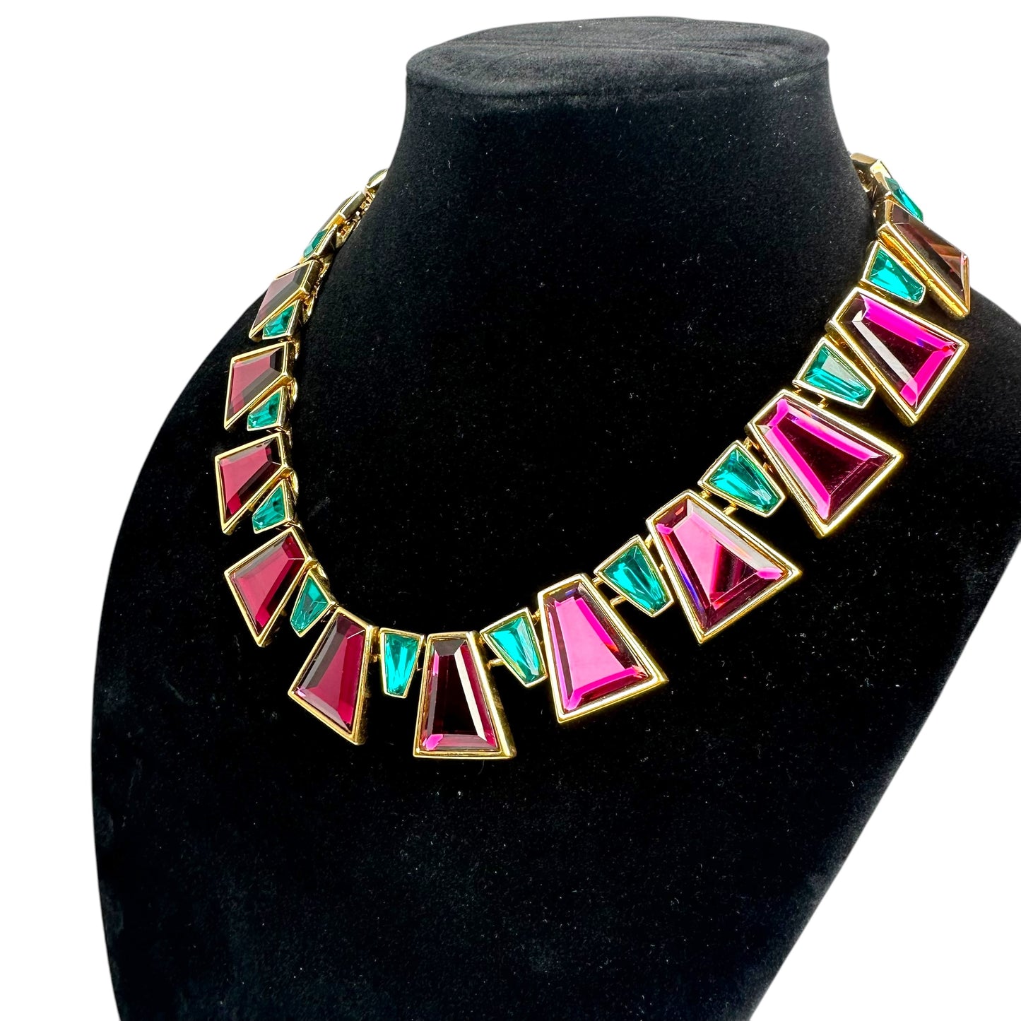 YSL 24K Plated Raspberry Peacock Trapezoid Swarovski Egyptian Mardi Gras Necklace 18"