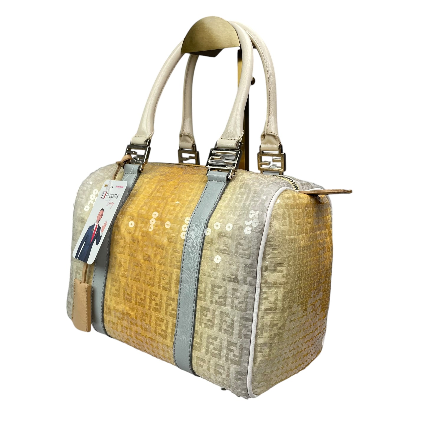 Fendi Zucchino Monogram Forever Sequin Small Leather Yellow Hombre Boston Purse