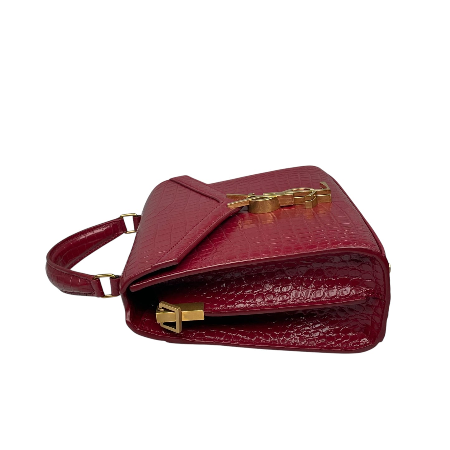 YSL Saint Laurent Mini GHW Bordeaux Croc Embossed Cassandra 2-Way Top Handle