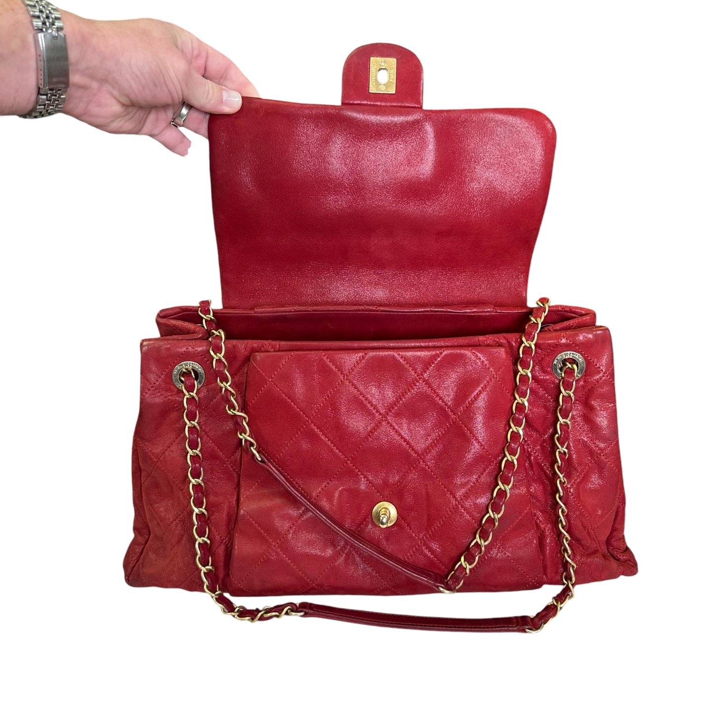 Chanel CC Red Lambskin Coated Irridecent Medium Brushed Gold Flap Turn Lock Two Way Purse