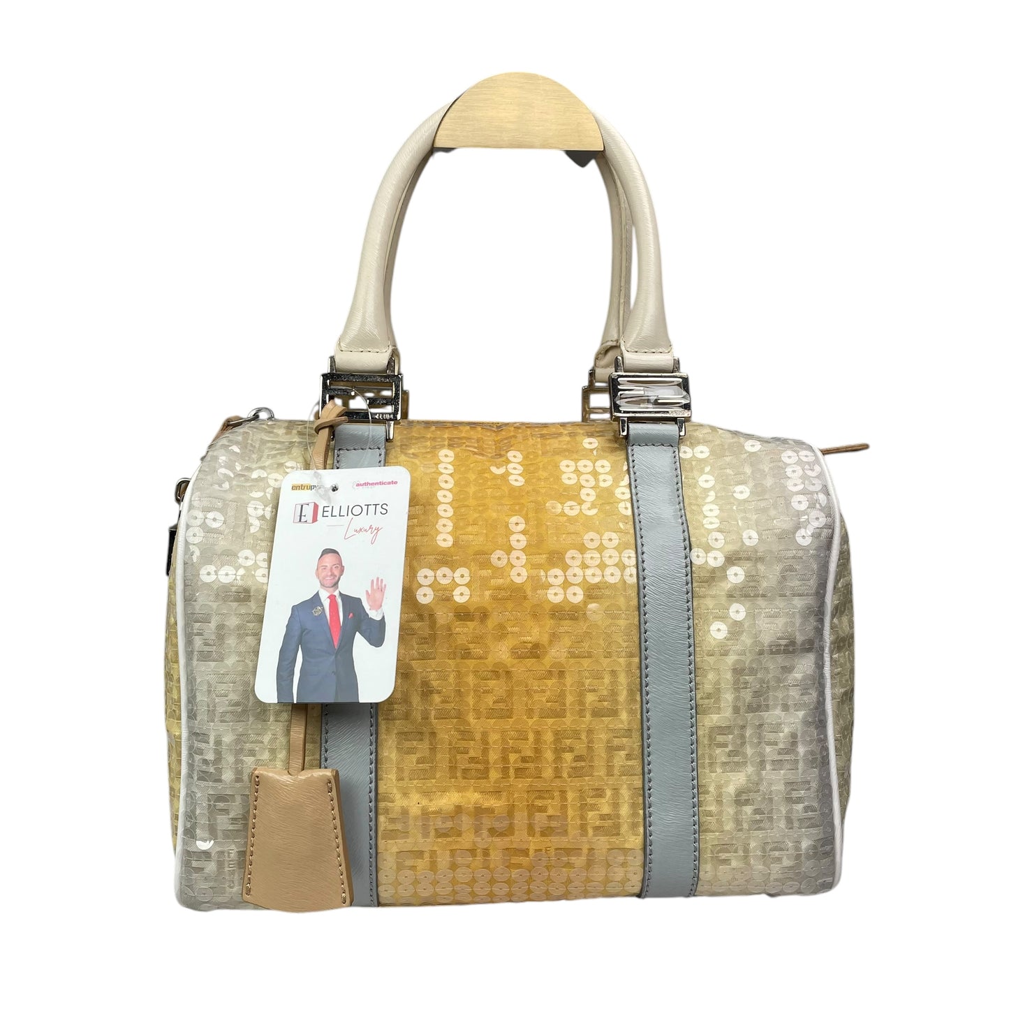 Fendi Zucchino Monogram Forever Sequin Small Leather Yellow Hombre Boston Purse