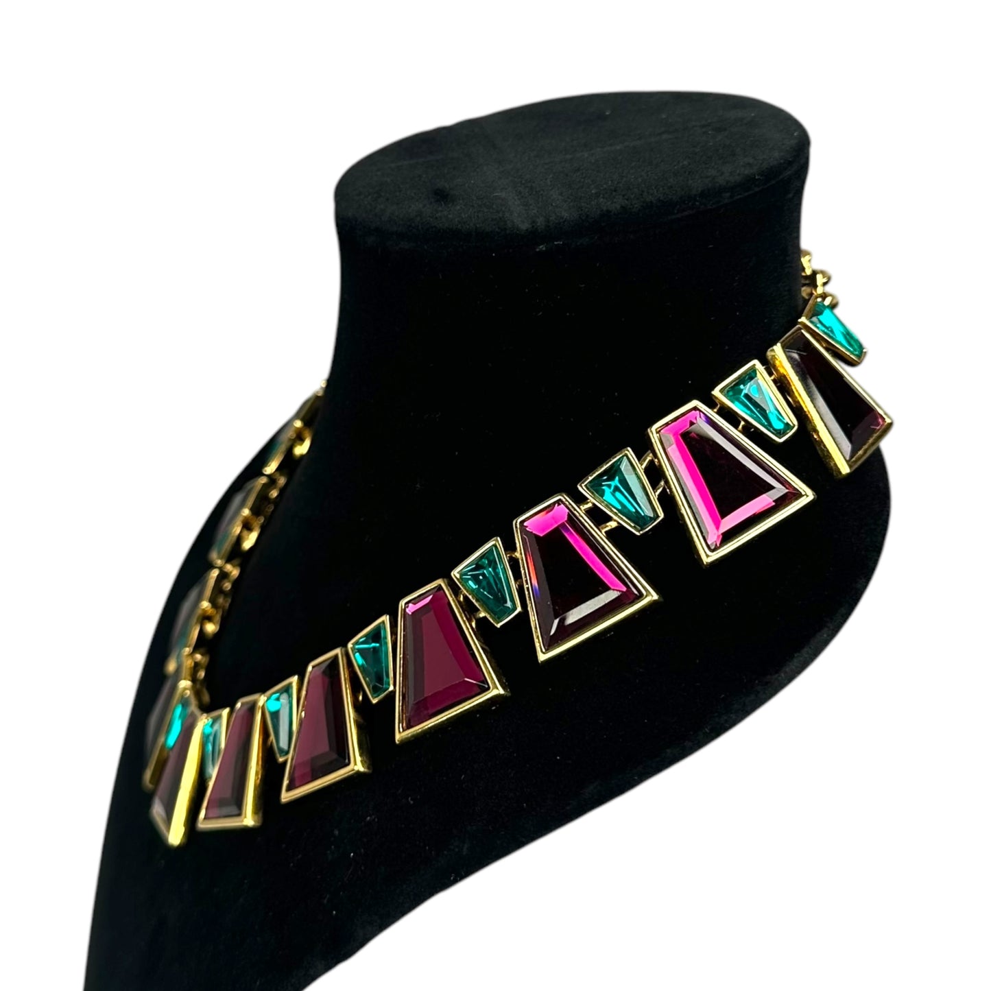 YSL 24K Plated Raspberry Peacock Trapezoid Swarovski Egyptian Mardi Gras Necklace 18"