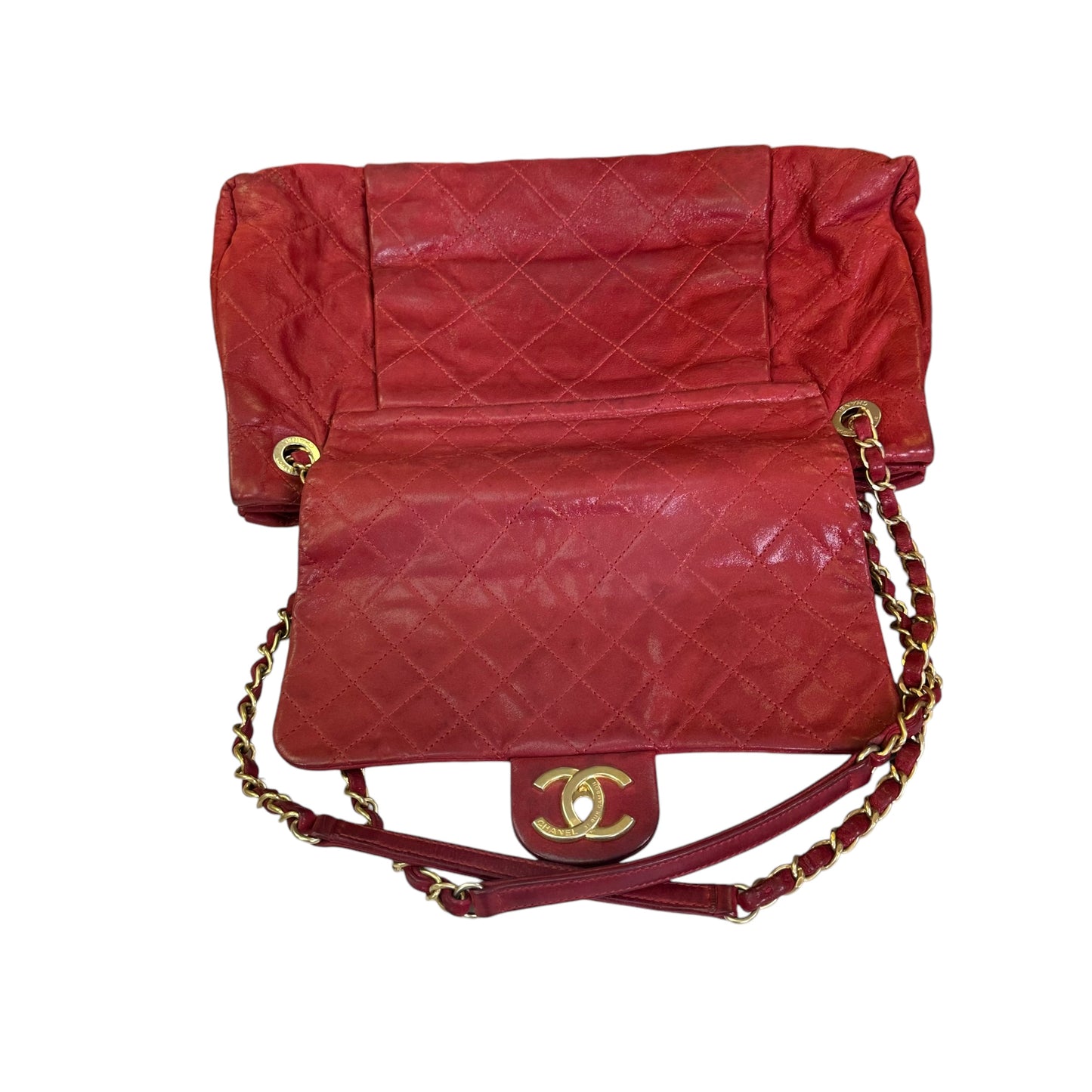 Chanel CC Red Lambskin Coated Irridecent Medium Brushed Gold Flap Turn Lock Two Way Purse