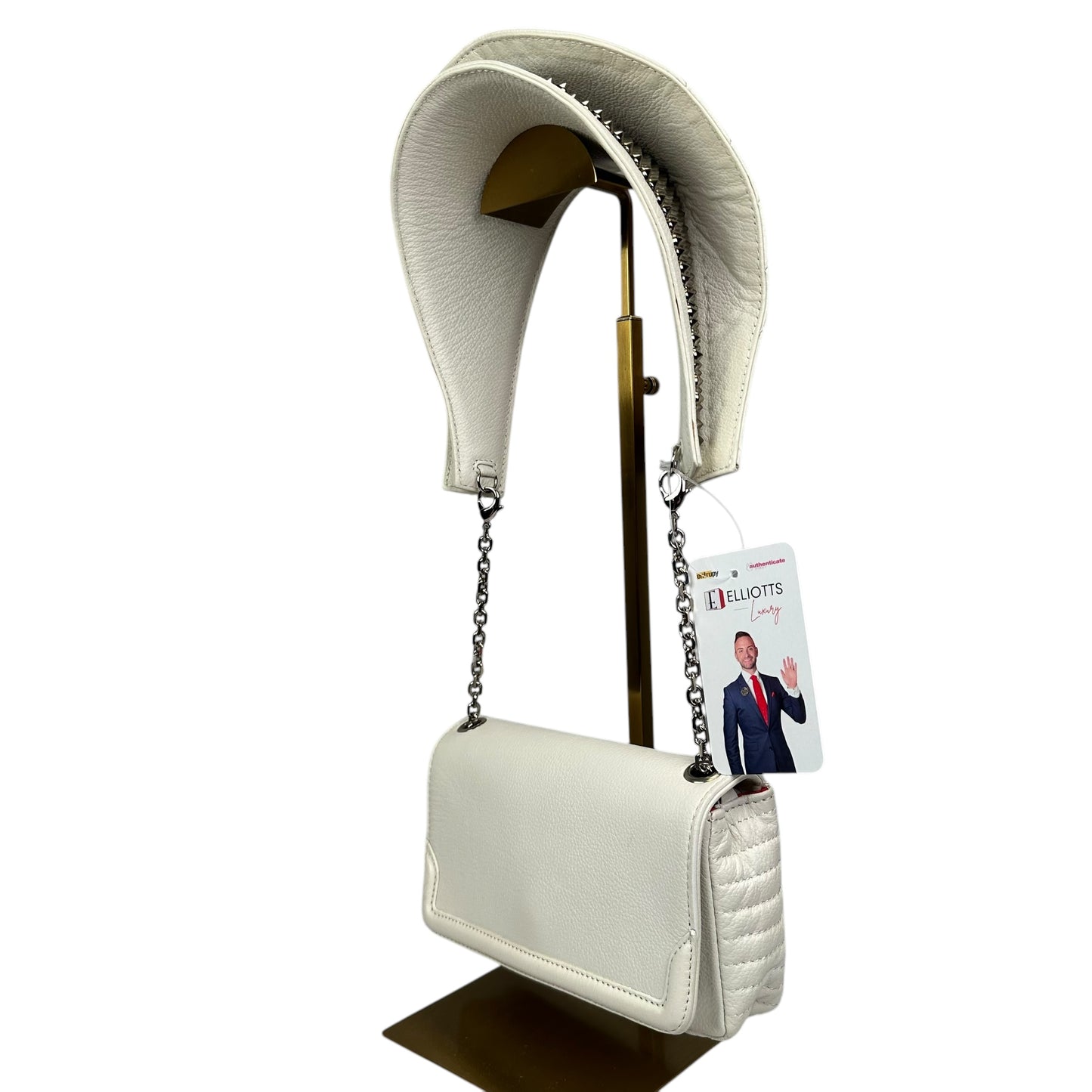 Christian Louboutin Double Flap Studded Strap Shoulder White Leather Small Purse