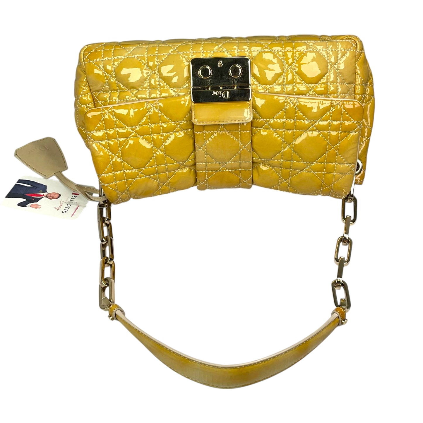 Christian Dior Yellow New Lock Patent Cannage Quilted Flap Shoulder Chain Purse
