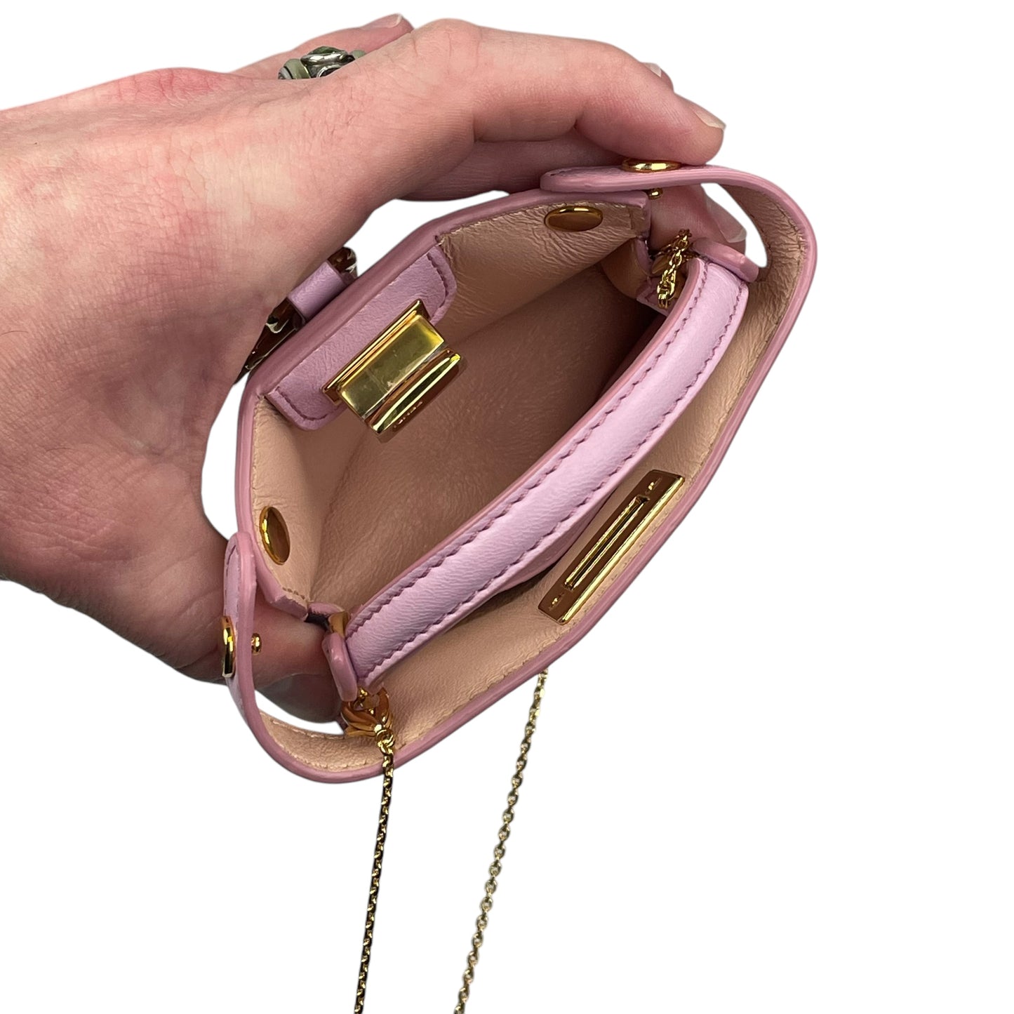 Fendi Peekaboo Micro Nappa Leather Pink Pico Gold Turn-Lock Key Chain Charm Adjustable Purse