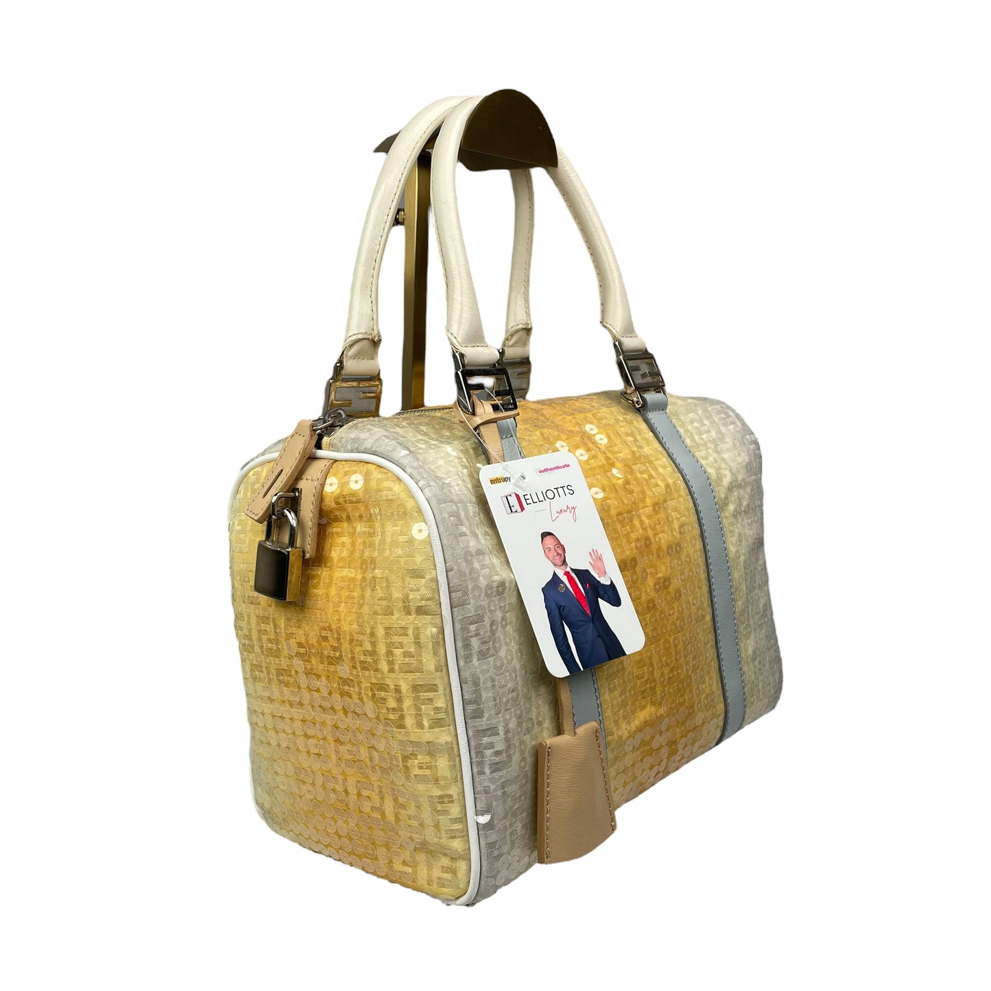 Fendi Zucchino Monogram Forever Sequin Small Leather Yellow Hombre Boston Purse