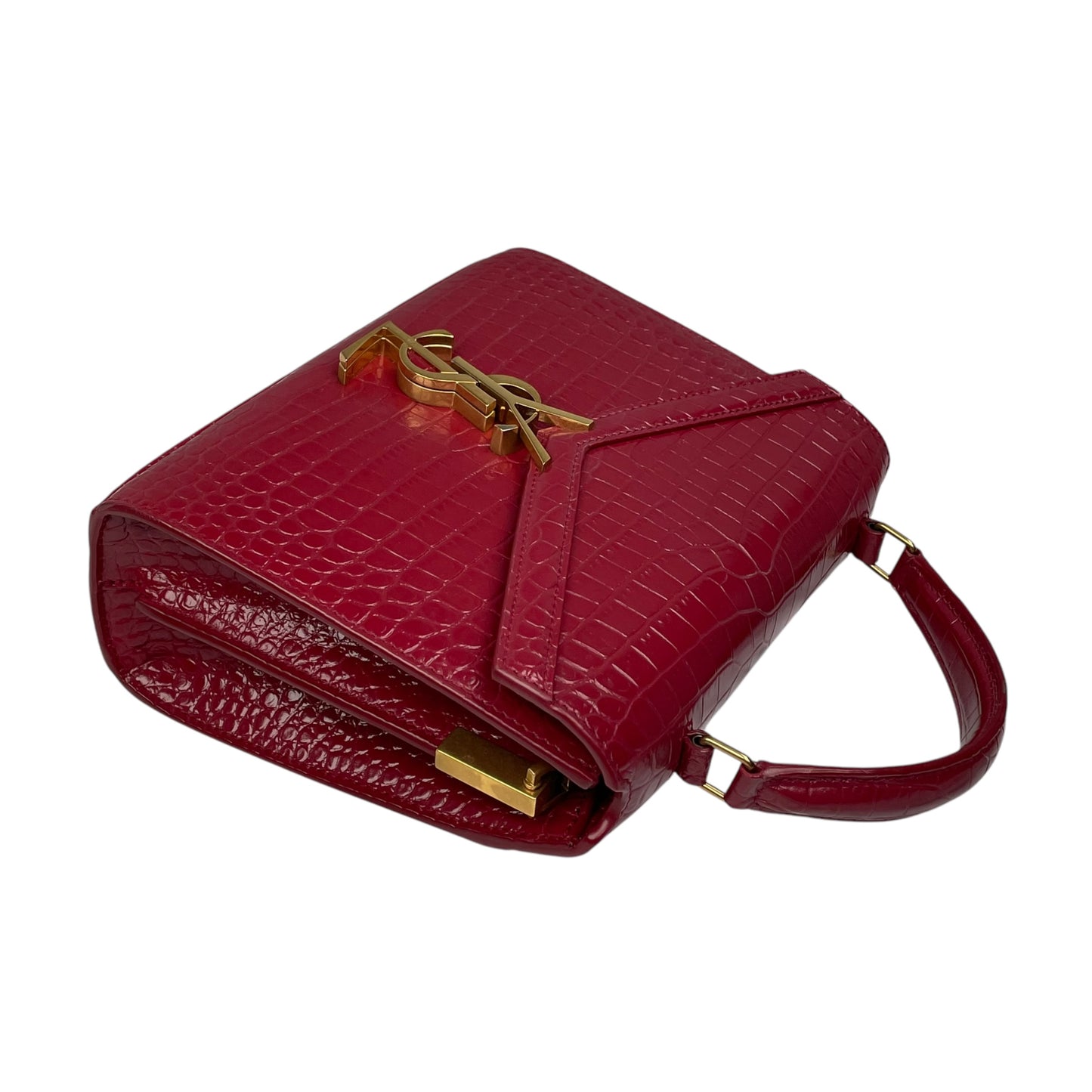 YSL Saint Laurent Mini GHW Bordeaux Croc Embossed Cassandra 2-Way Top Handle