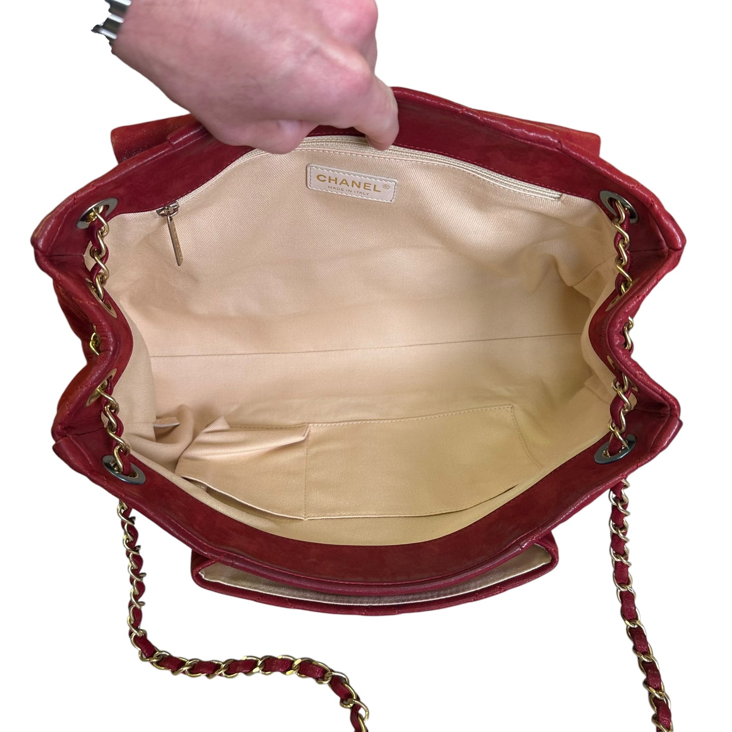 Chanel CC Red Lambskin Coated Irridecent Medium Brushed Gold Flap Turn Lock Two Way Purse