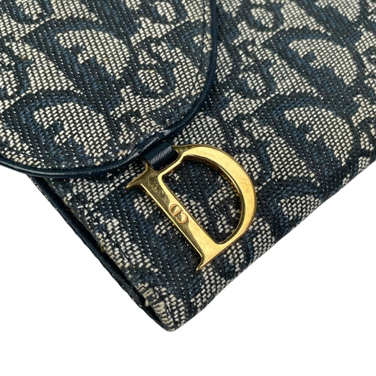 Christian Dior Blue Saddle Bag Large Oblique Trotter Canvas Leather Tri-Fold Wallet