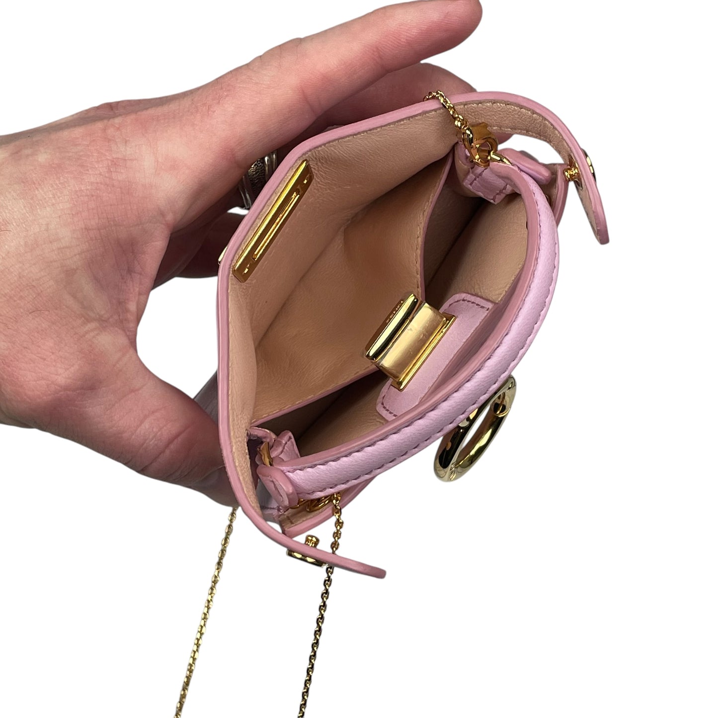 Fendi Peekaboo Micro Nappa Leather Pink Pico Gold Turn-Lock Key Chain Charm Adjustable Purse