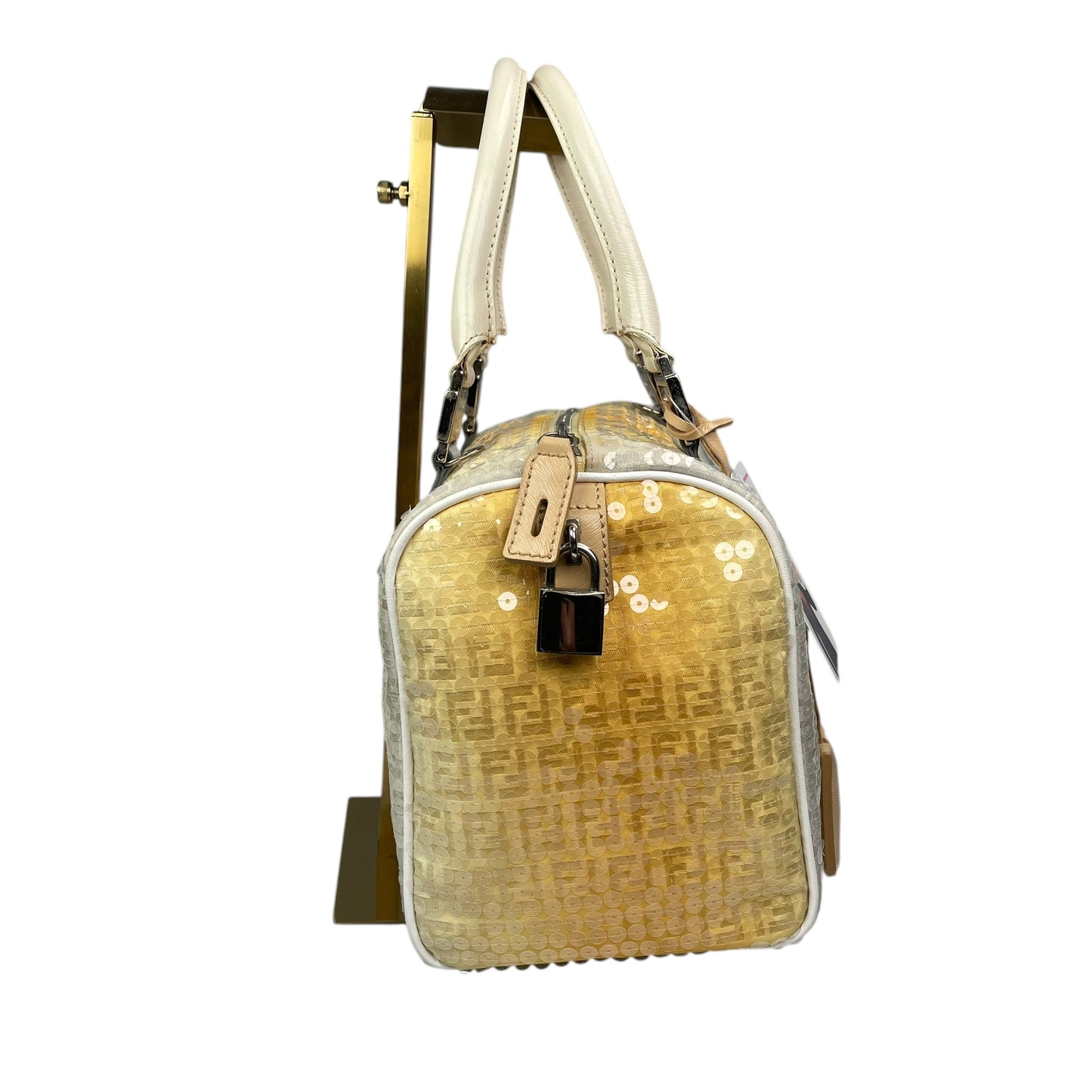 Fendi Zucchino Monogram Forever Sequin Small Leather Yellow Hombre Boston Purse