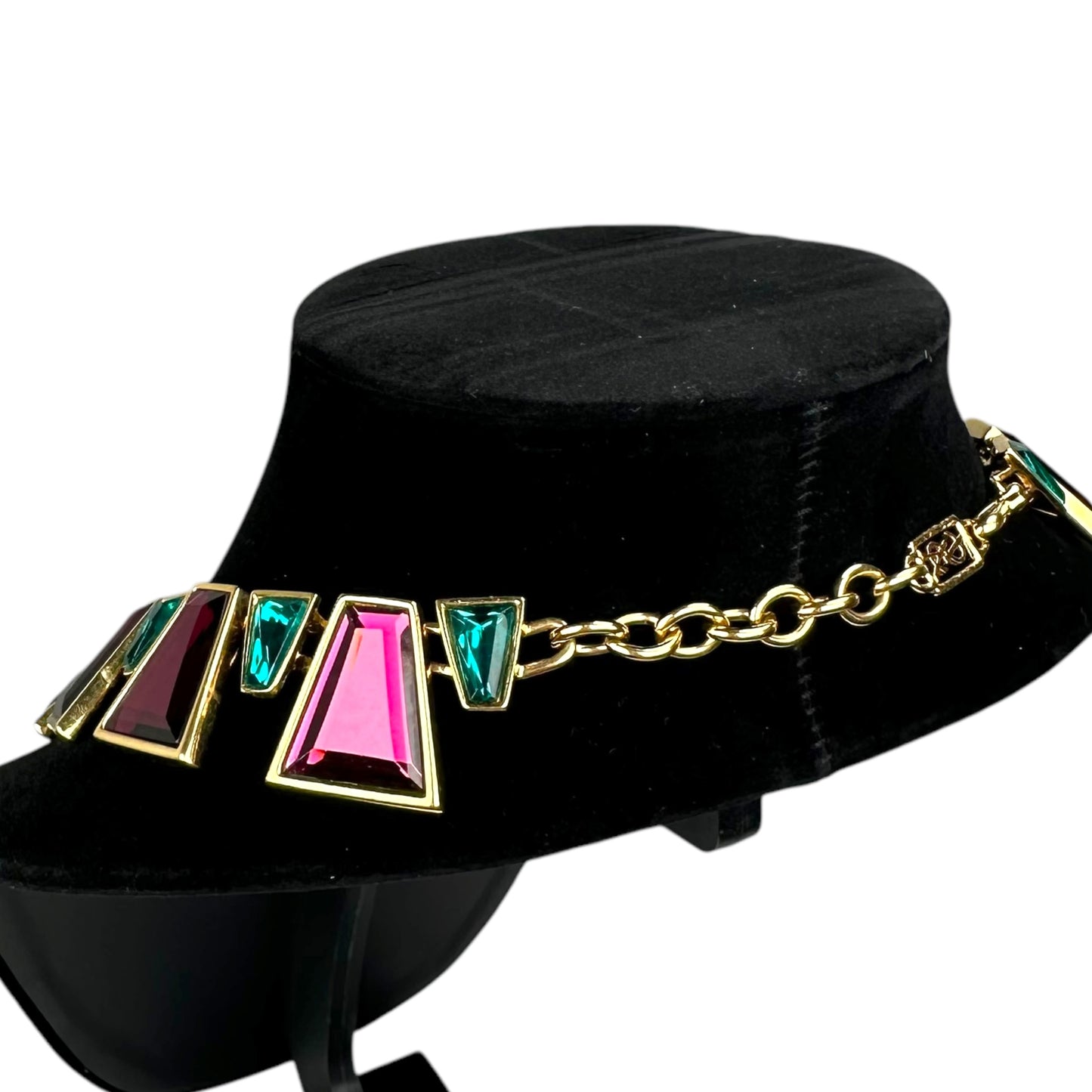 YSL 24K Plated Raspberry Peacock Trapezoid Swarovski Egyptian Mardi Gras Necklace 18"